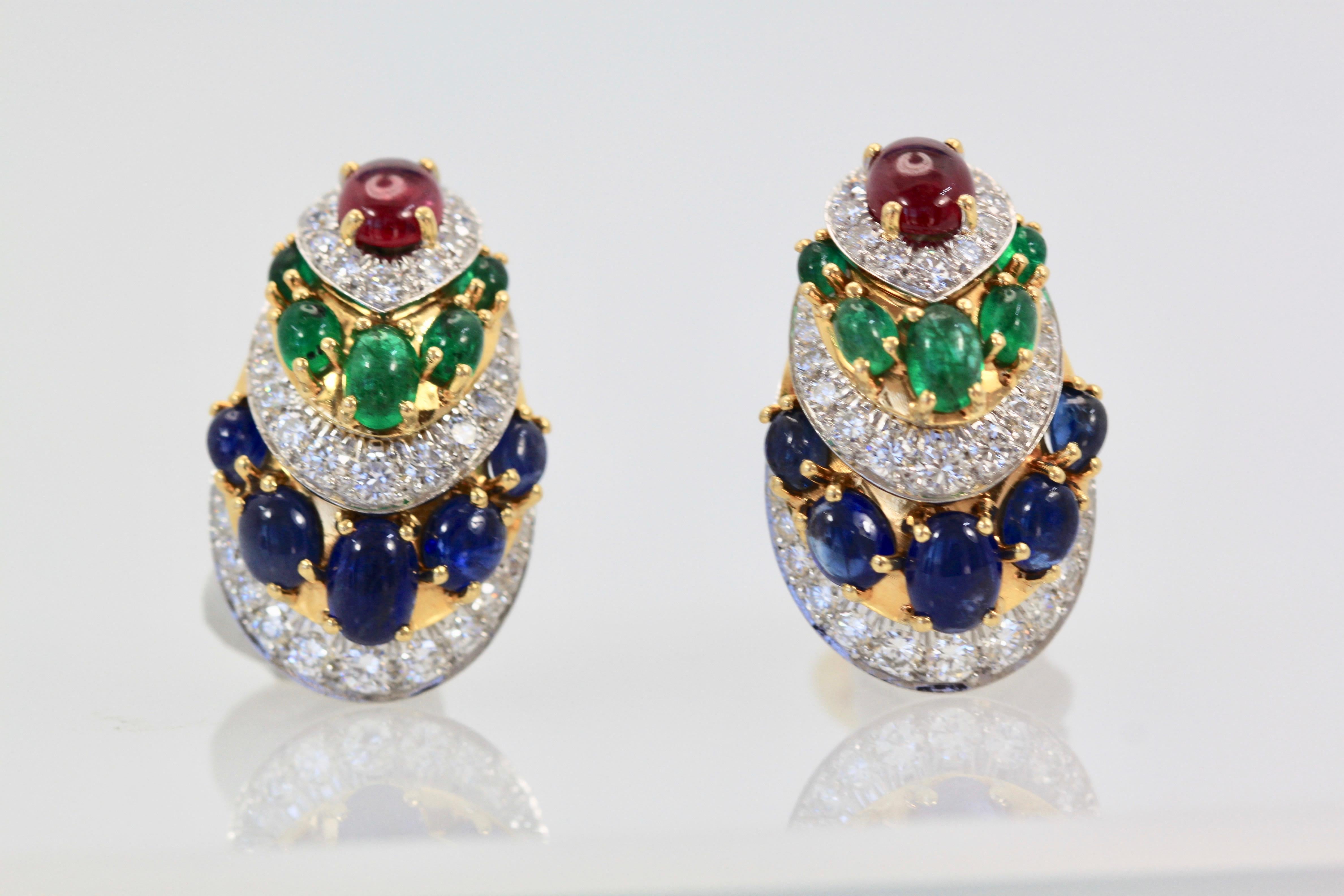 Women's David Webb Cabochon Sapphire, Emerald, Ruby, Diamond Earrings