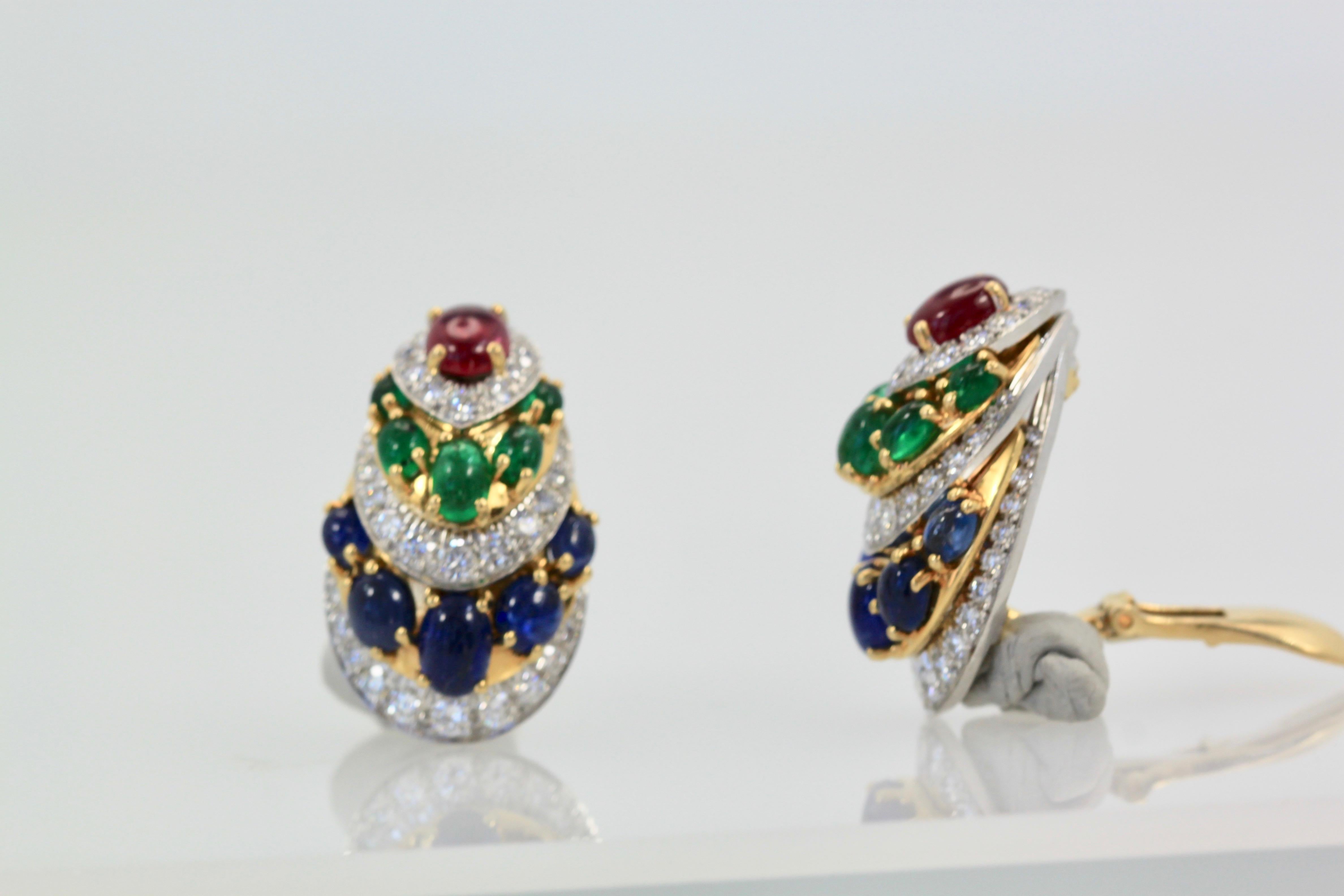 David Webb Cabochon Sapphire, Emerald, Ruby, Diamond Earrings 1