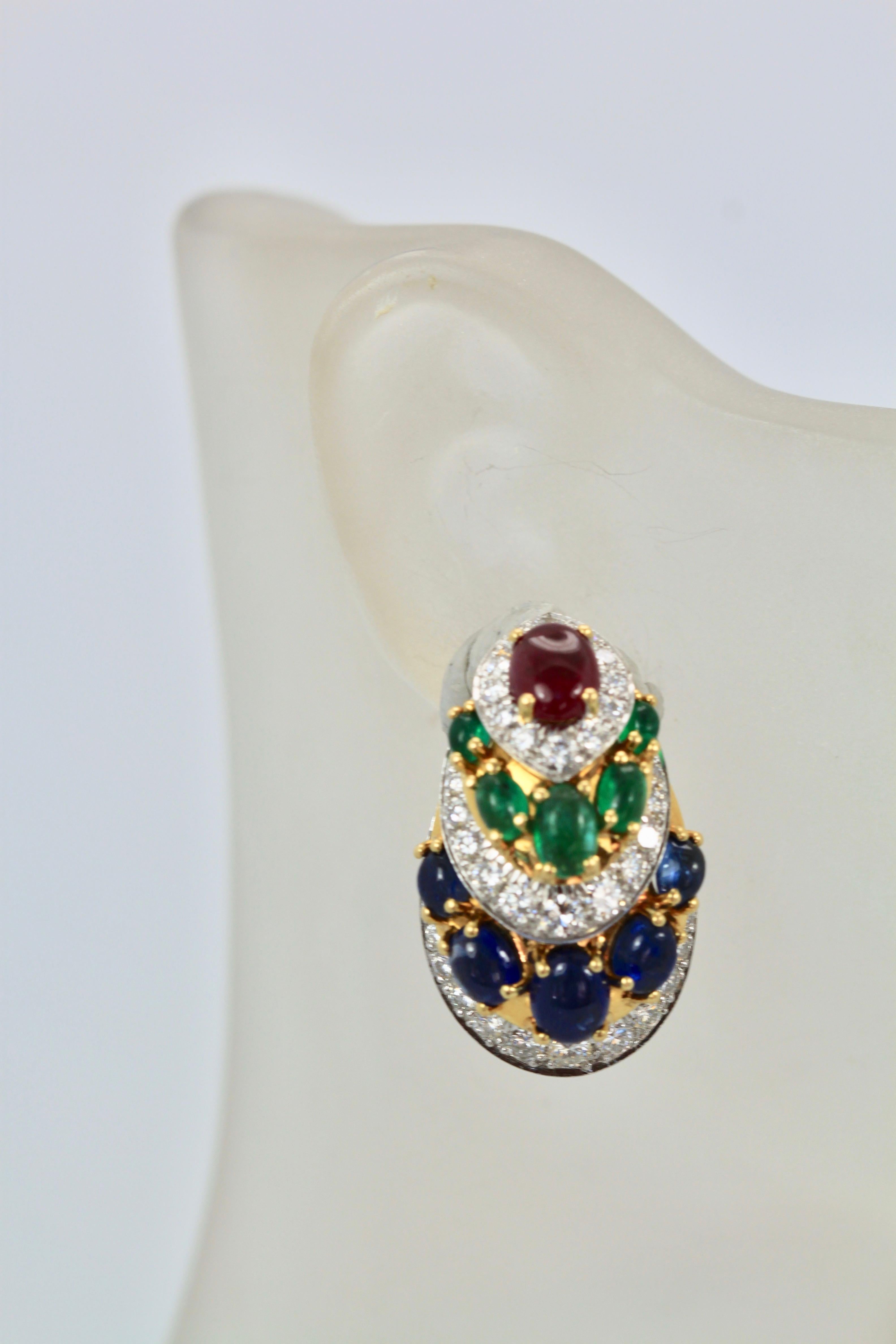 David Webb Cabochon Sapphire, Emerald, Ruby, Diamond Earrings 2