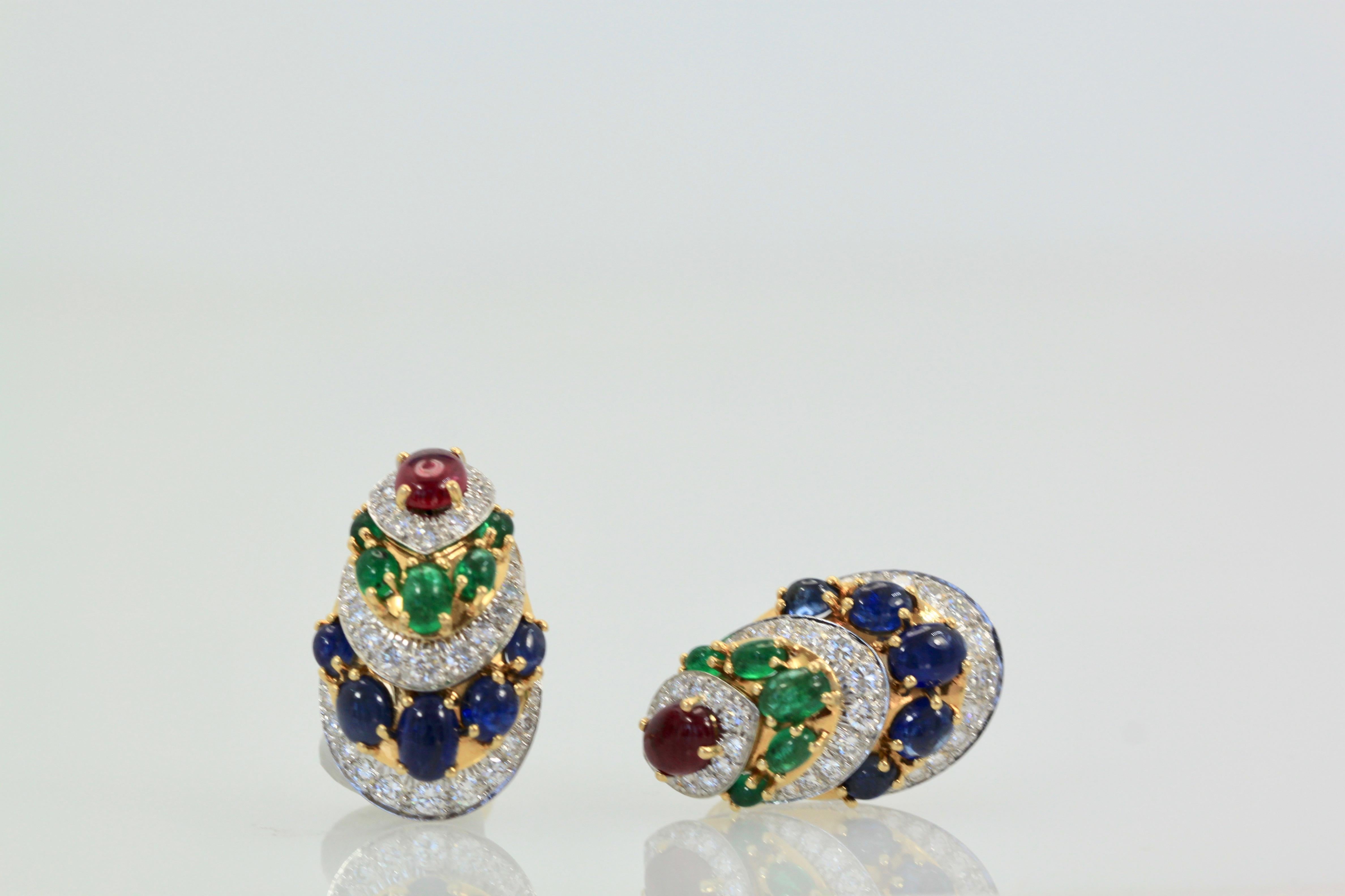 David Webb Cabochon Sapphire, Emerald, Ruby, Diamond Earrings 3
