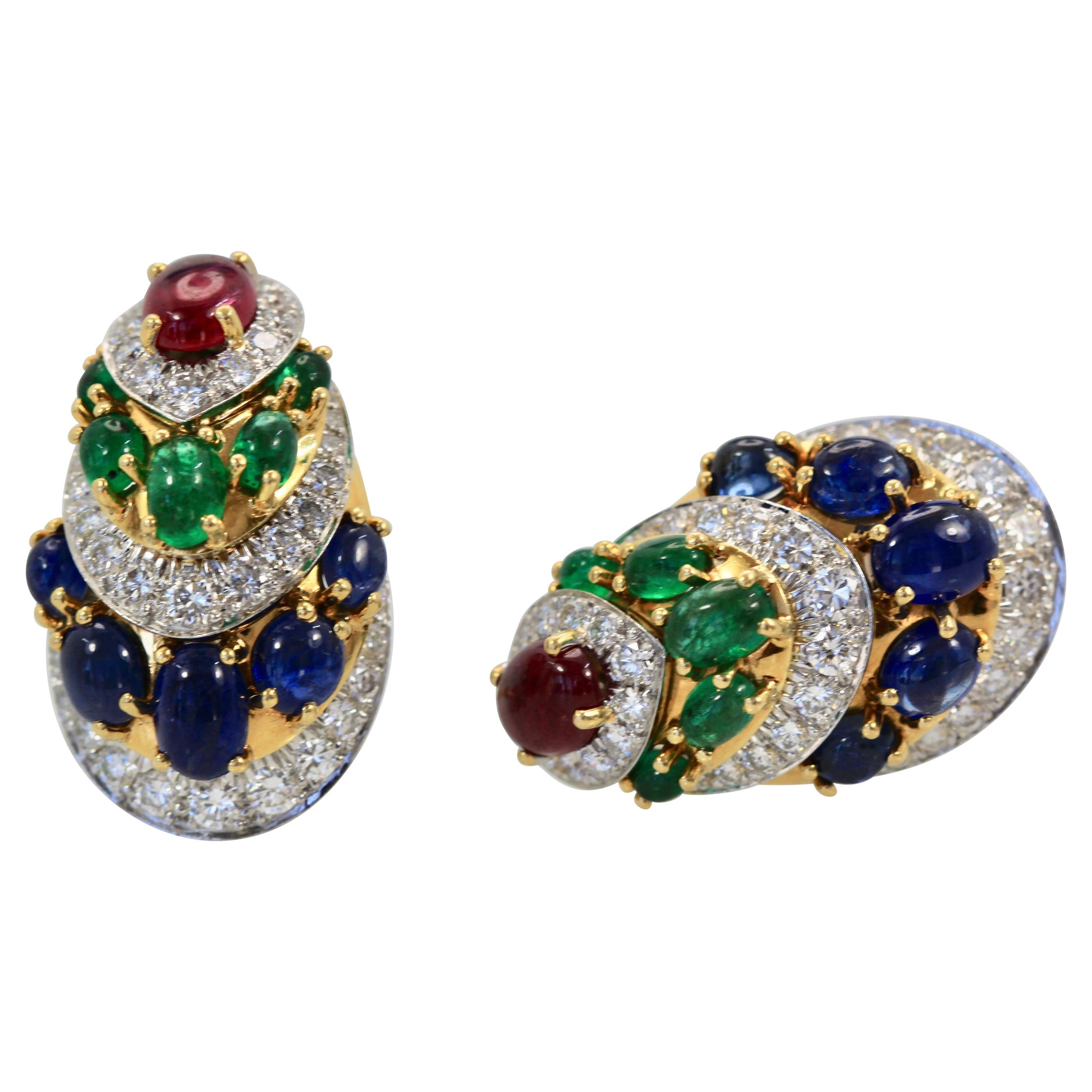 David Webb Cabochon Sapphire, Emerald, Ruby, Diamond Earrings