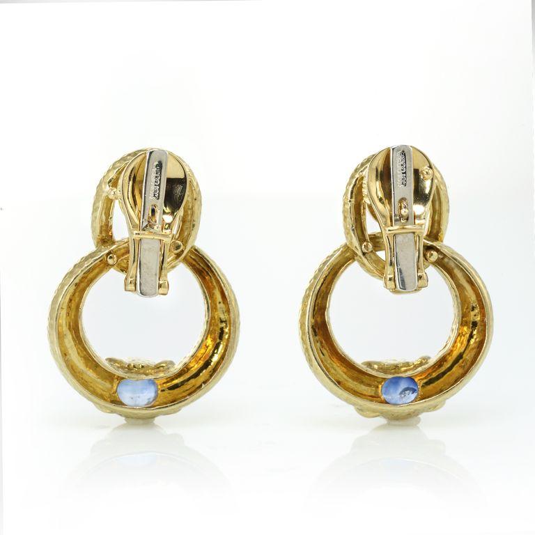 Modern David Webb Cabochon Sapphires 18k Yellow Gold Door Knocker Earrings