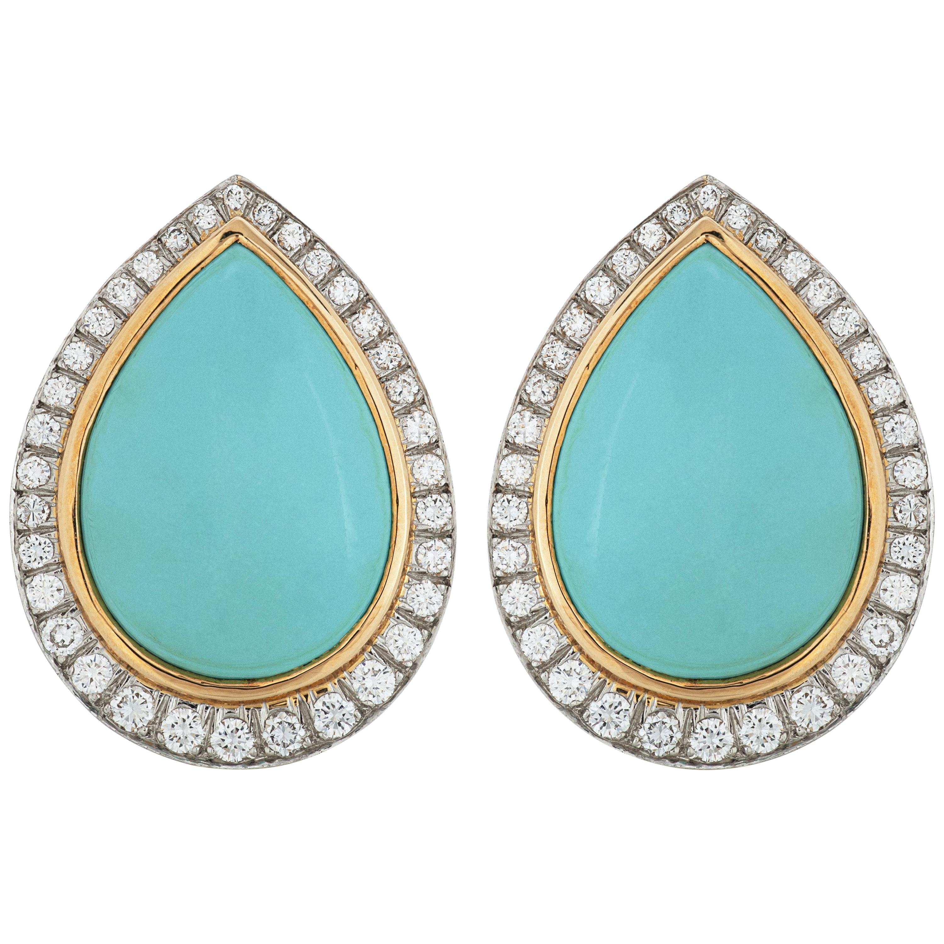 David Webb Cabochon Turquoise and Diamond Earrings in 18 Karat Gold and Platinum