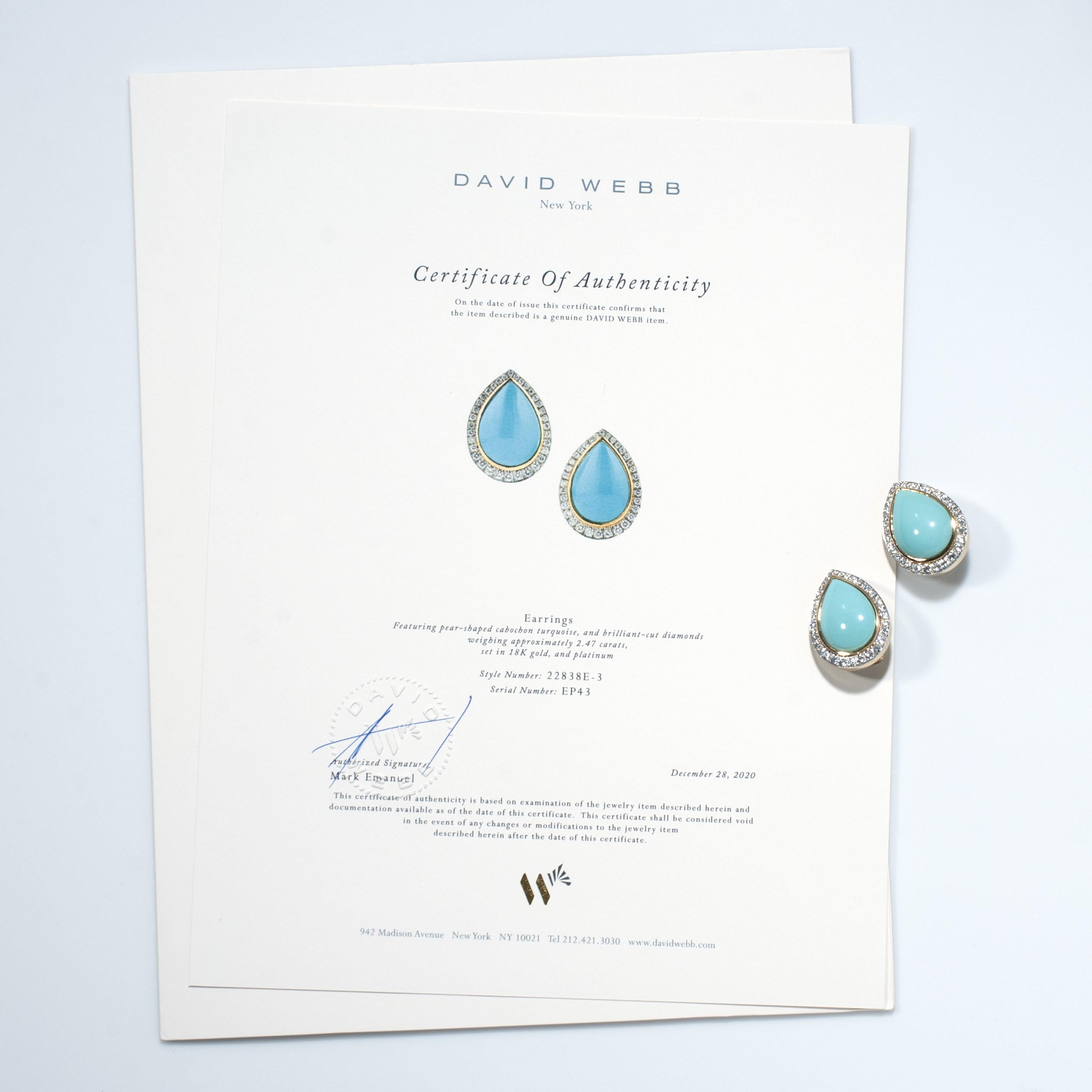 Pear Cut David Webb Cabochon Turquoise and Diamond Earrings in 18 Karat Gold and Platinum For Sale