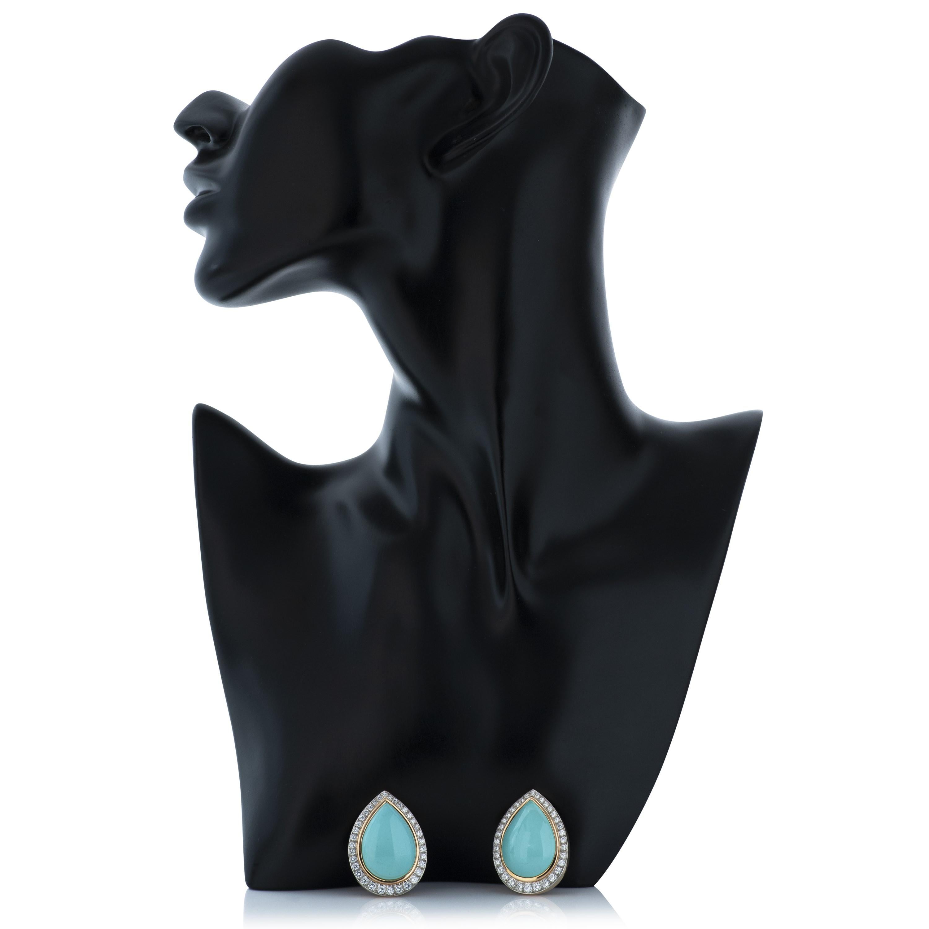 David Webb Cabochon Turquoise and Diamond Earrings in 18 Karat Gold and Platinum In Excellent Condition For Sale In Philadelphia, PA