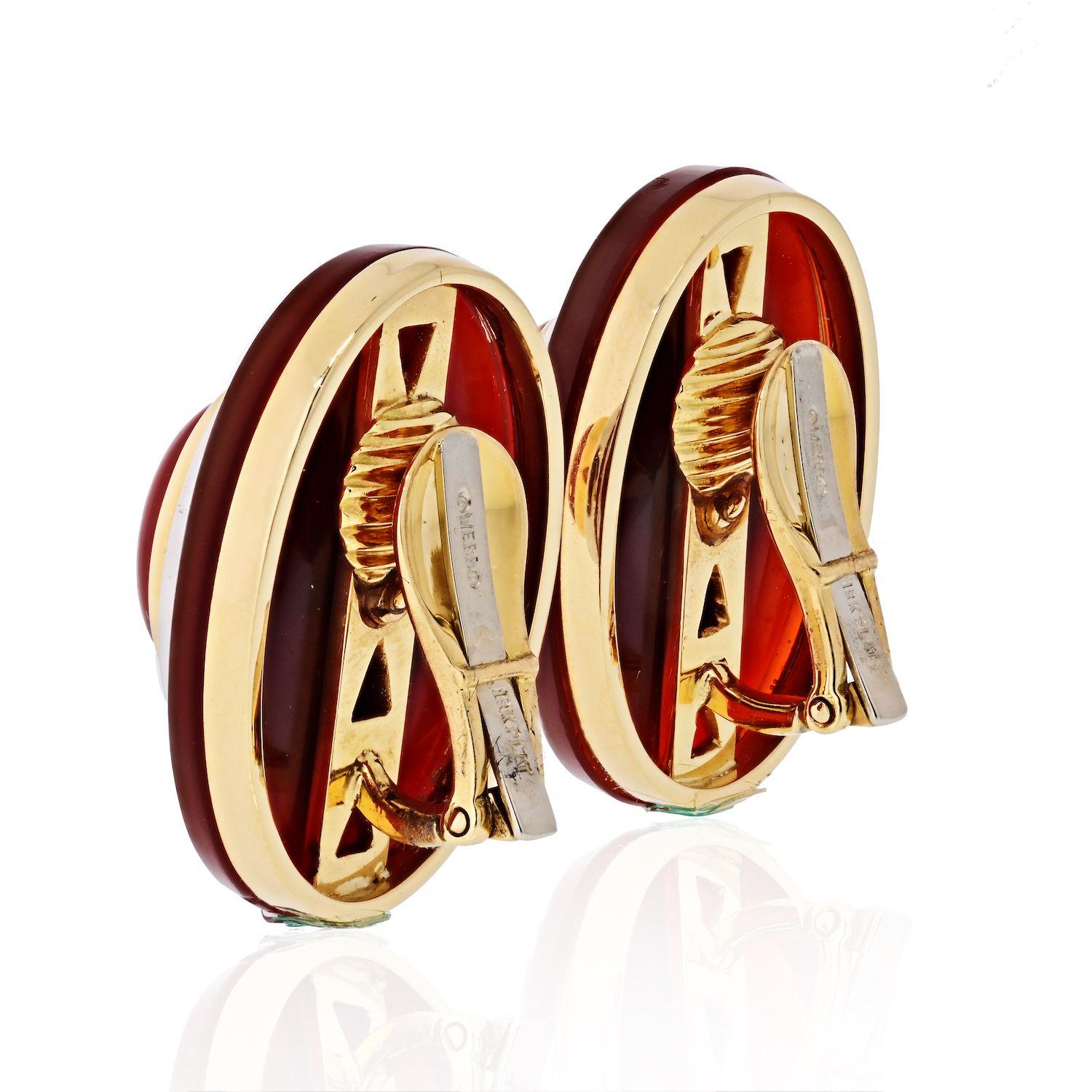 Modern David Webb Carnelian Platinum and 18 Karat Yellow Gold Diamond Earrings For Sale