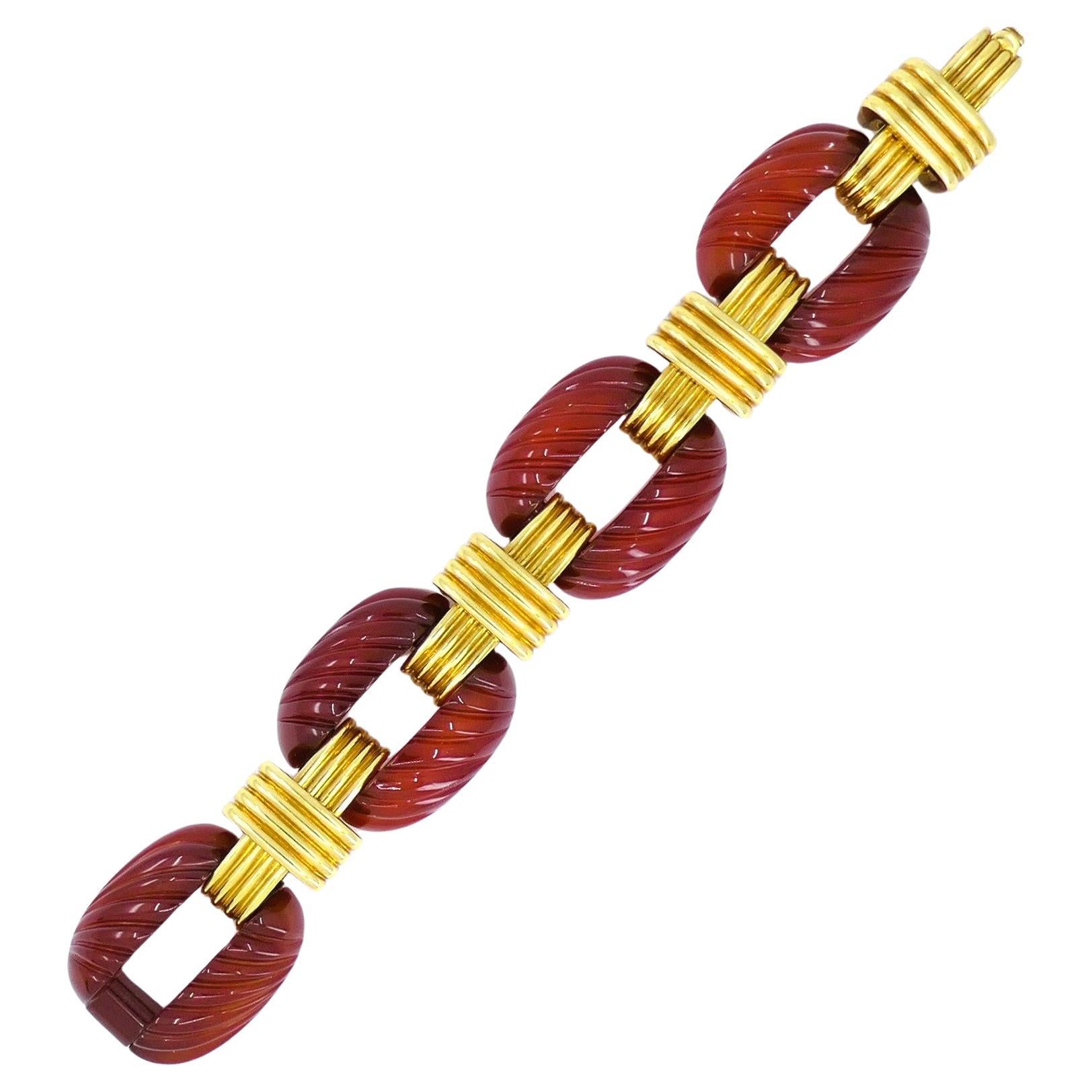 Mixed Cut David Webb Carved Carnelian Gold Bracelet Vintage Estate Jewelry