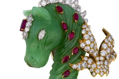 David Webb Carved Jade Diamond and Ruby Seahorse Brooch