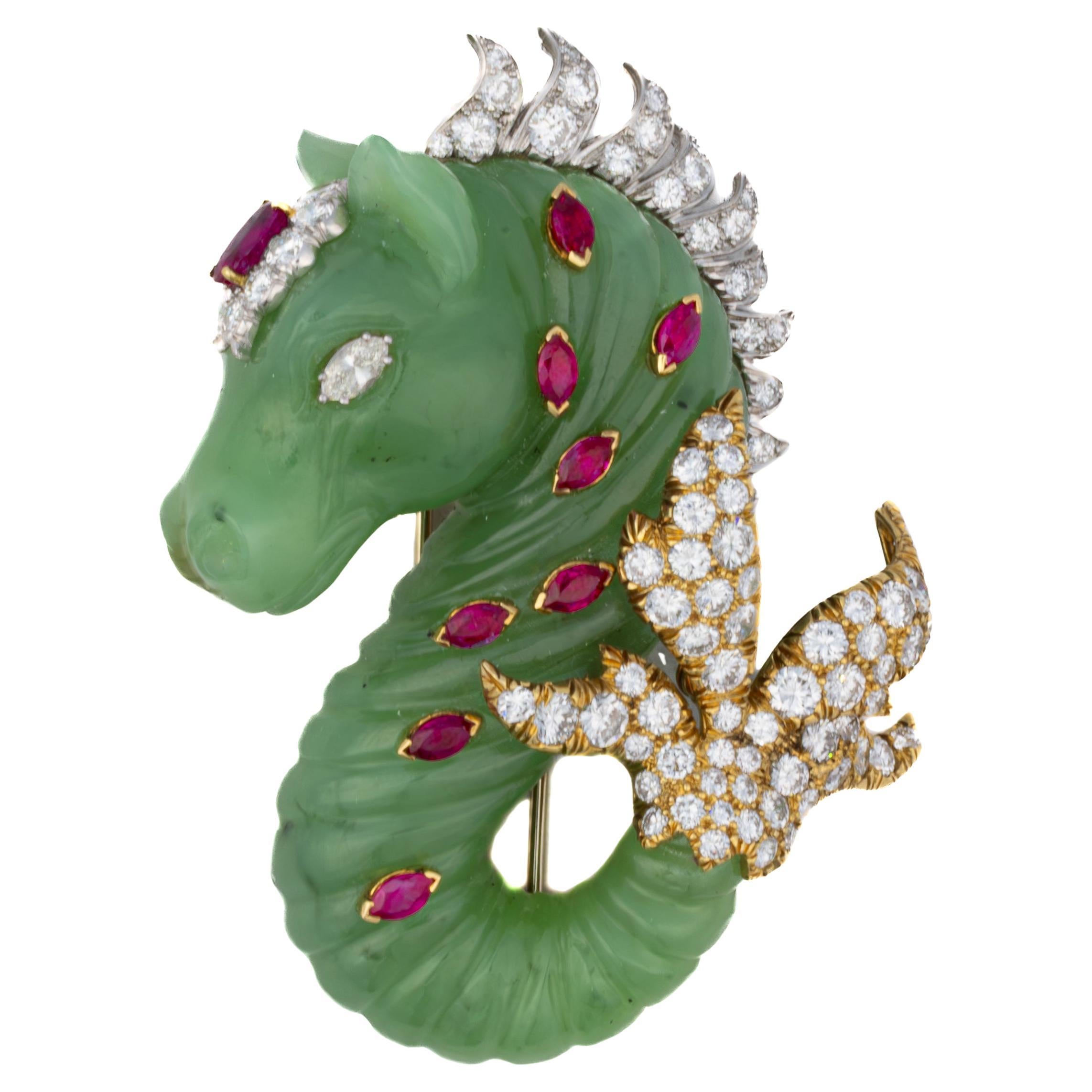 David Webb Carved Jade Diamond and Ruby Seahorse Brooch