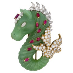 David Webb Carved Jade Diamond and Ruby Seahorse Brooch