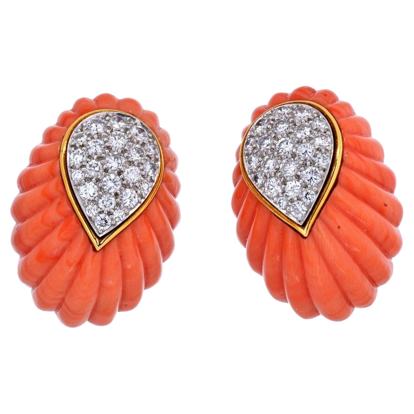 David Webb Carved Coral and Diamond Clip Earrings For Sale