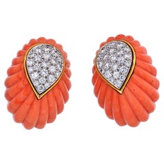 Vintage David Webb Carved Coral and Diamond Clip Earrings