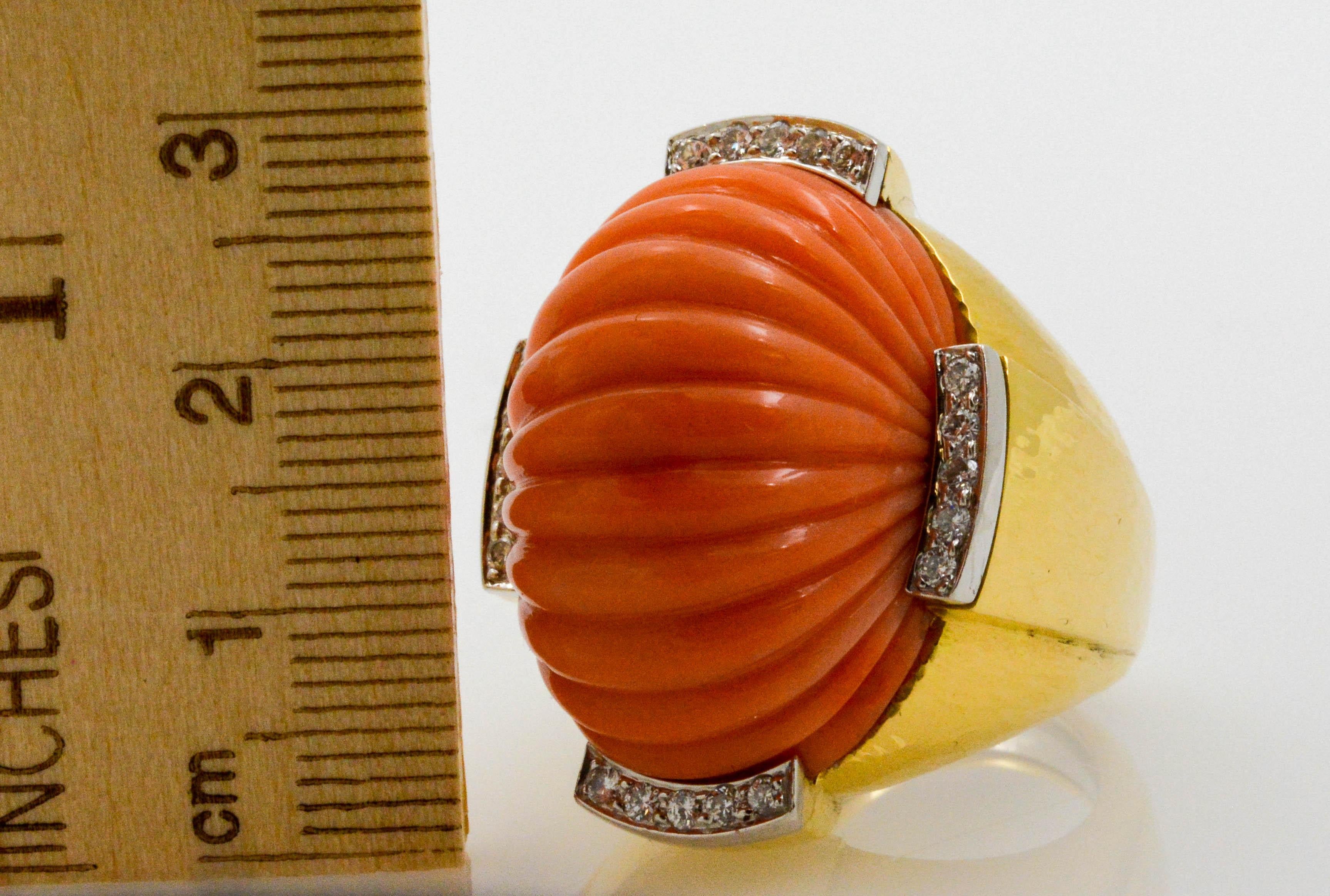 David Webb Carved Coral and Diamond Yellow Gold Ring 6