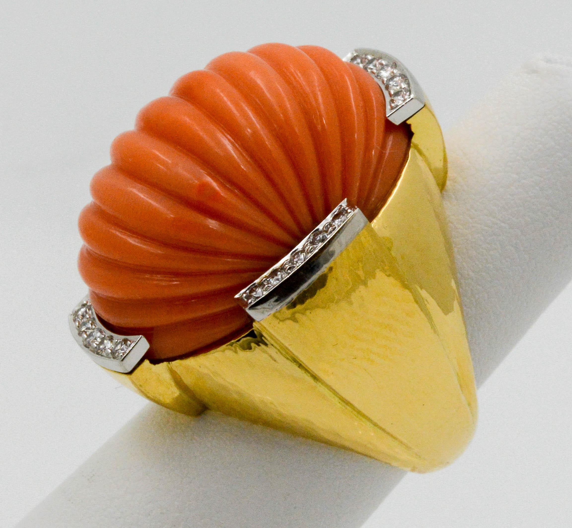 Round Cut David Webb Carved Coral and Diamond Yellow Gold Ring