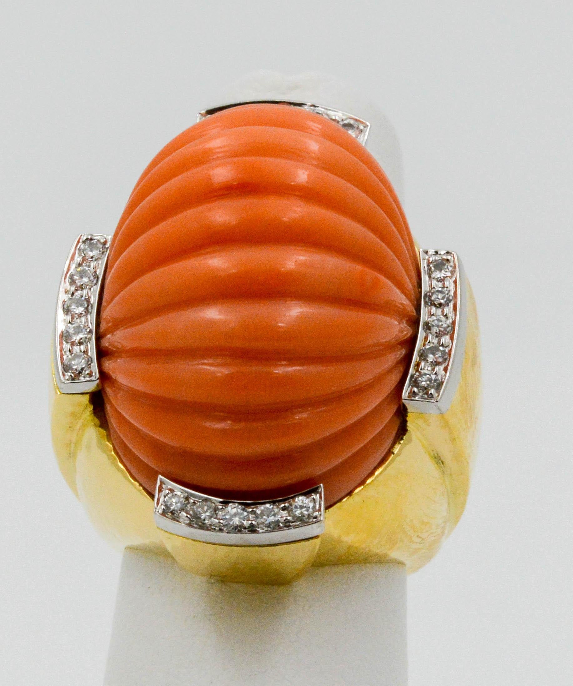 David Webb Carved Coral and Diamond Yellow Gold Ring In Good Condition In Dallas, TX