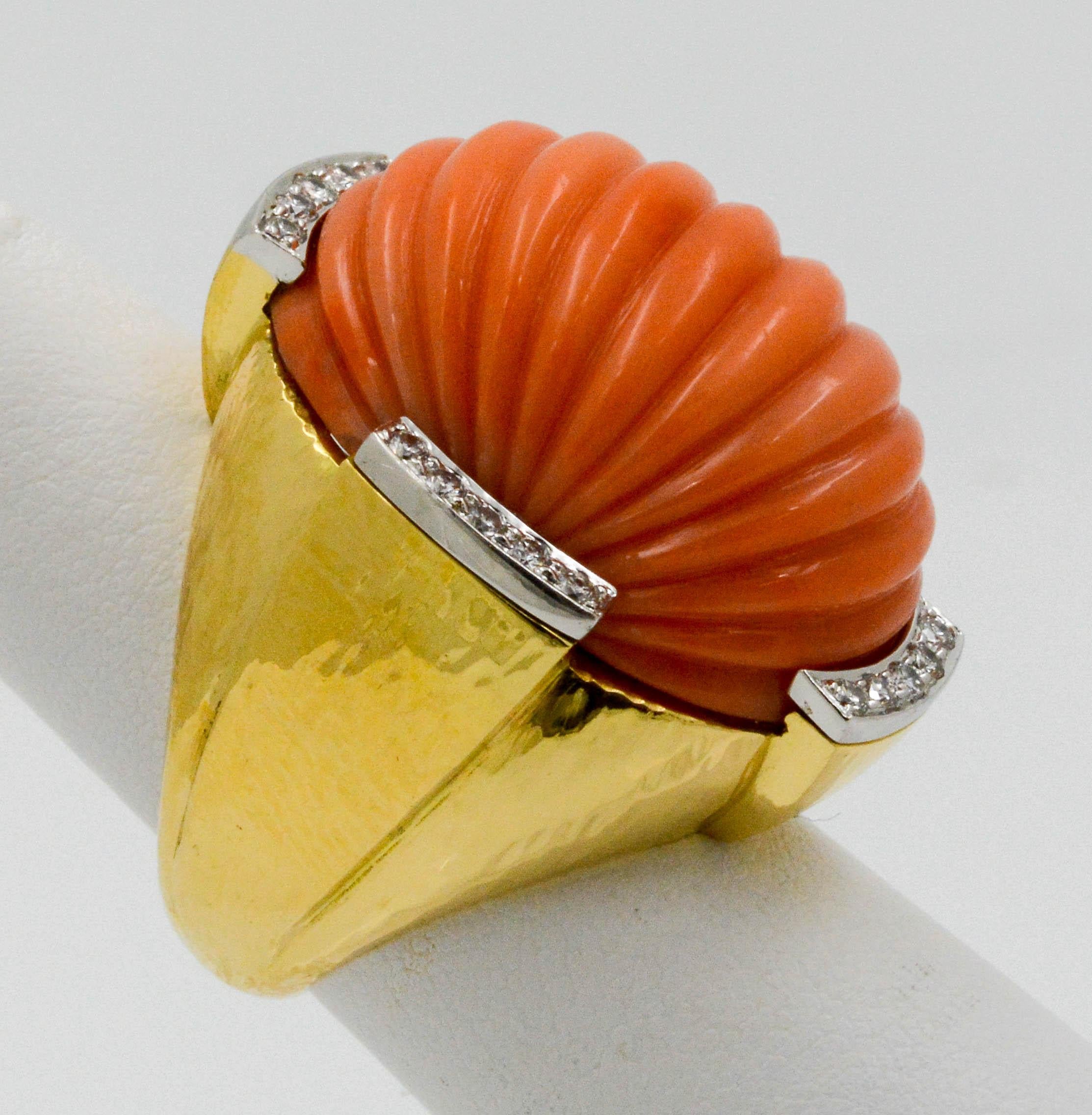 Women's David Webb Carved Coral and Diamond Yellow Gold Ring