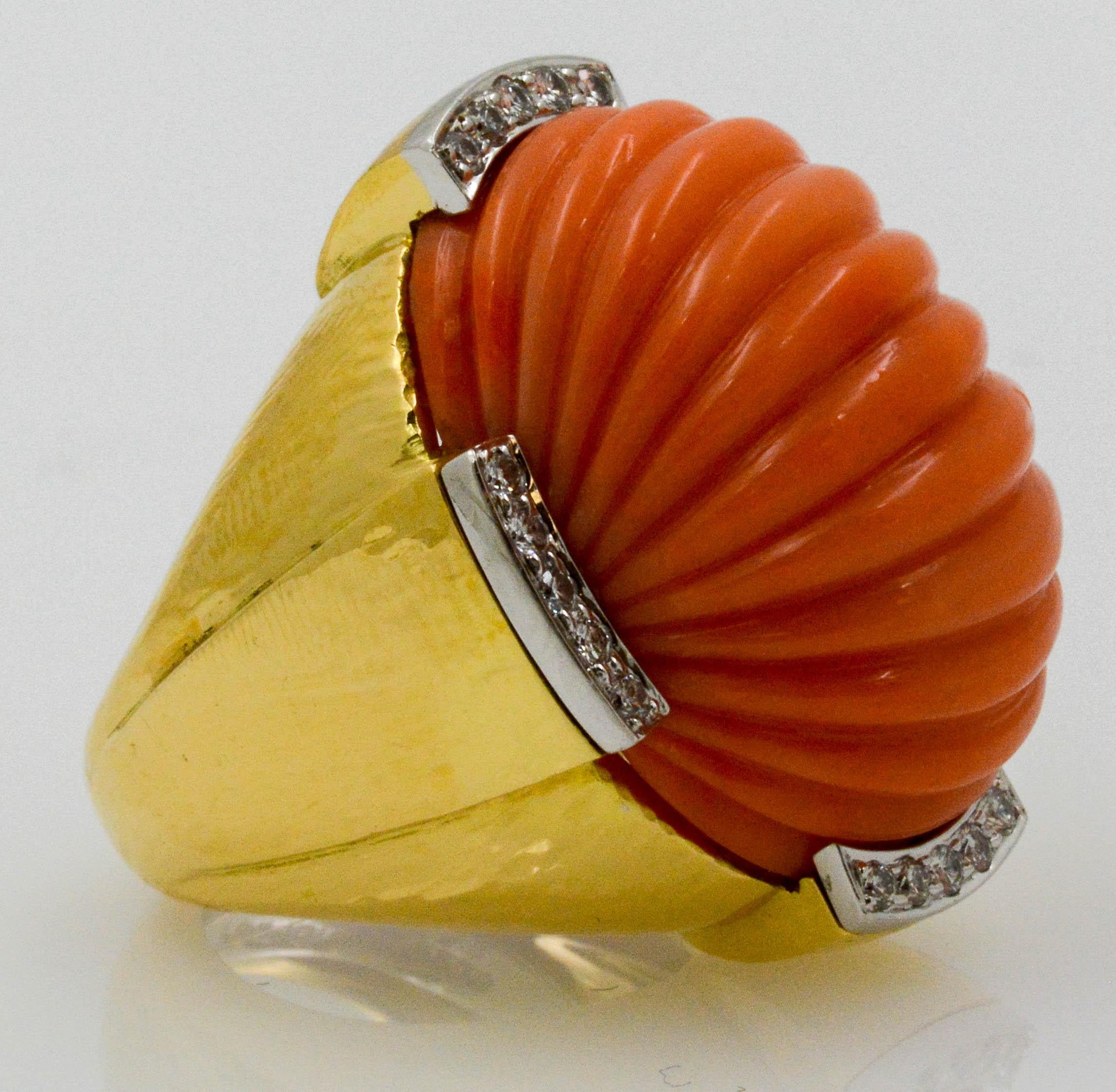 David Webb Carved Coral and Diamond Yellow Gold Ring 1