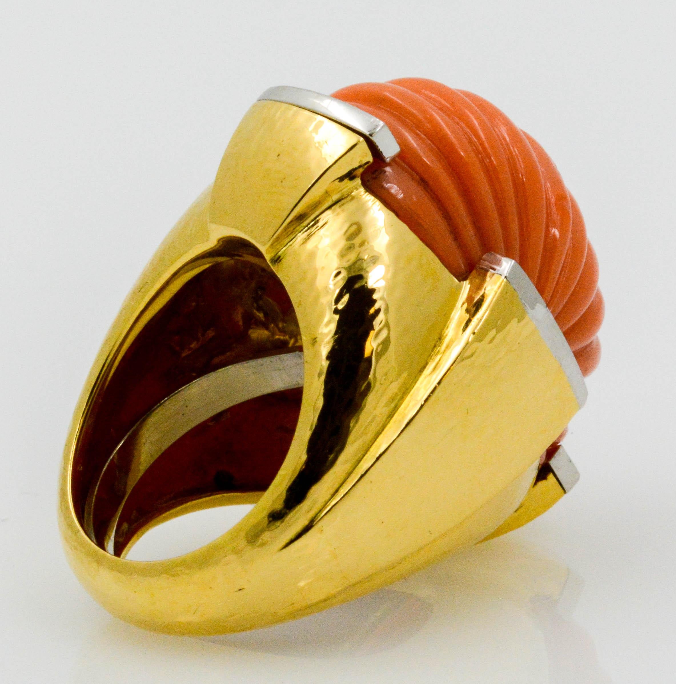 David Webb Carved Coral and Diamond Yellow Gold Ring 2