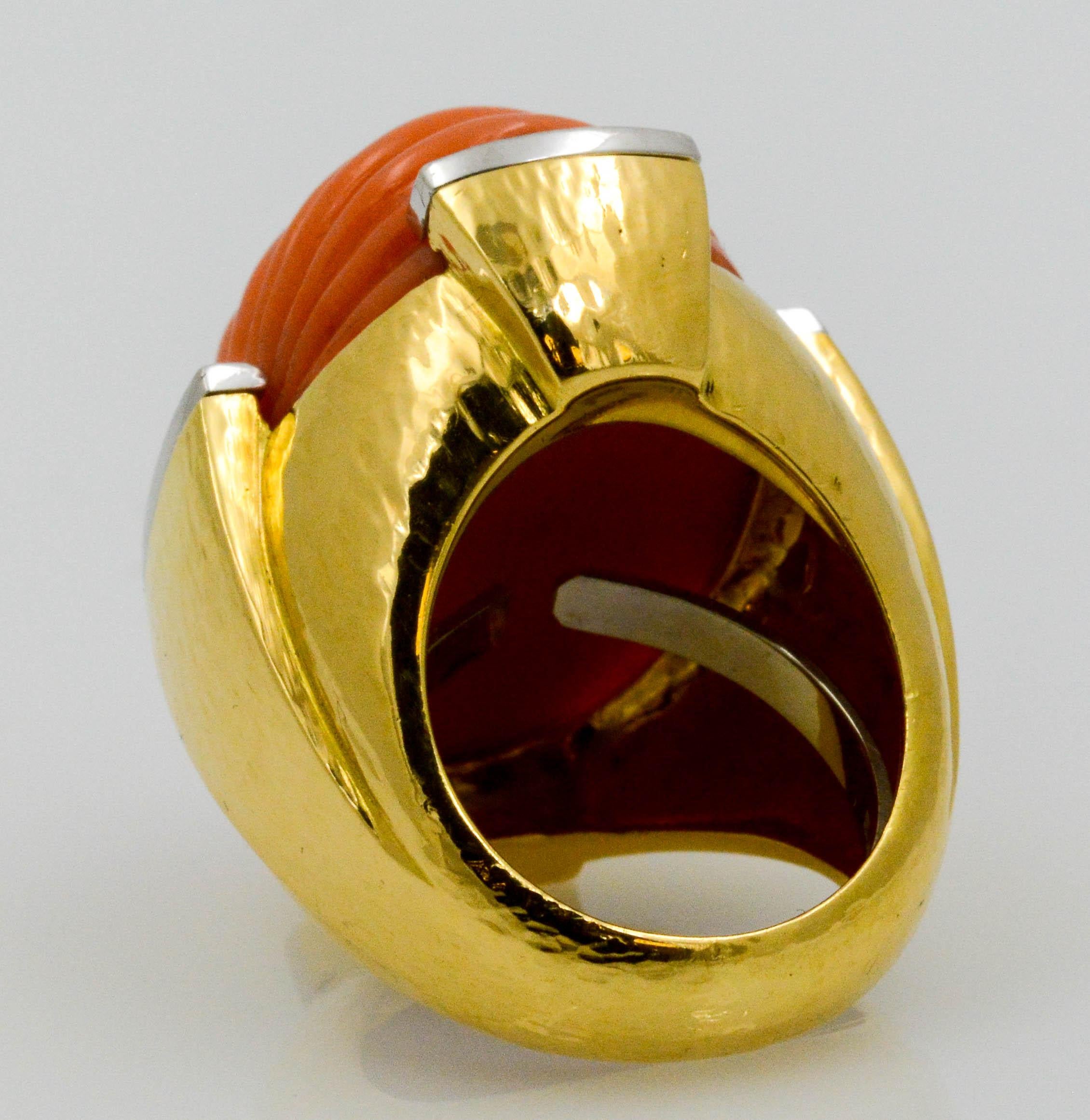David Webb Carved Coral and Diamond Yellow Gold Ring 3
