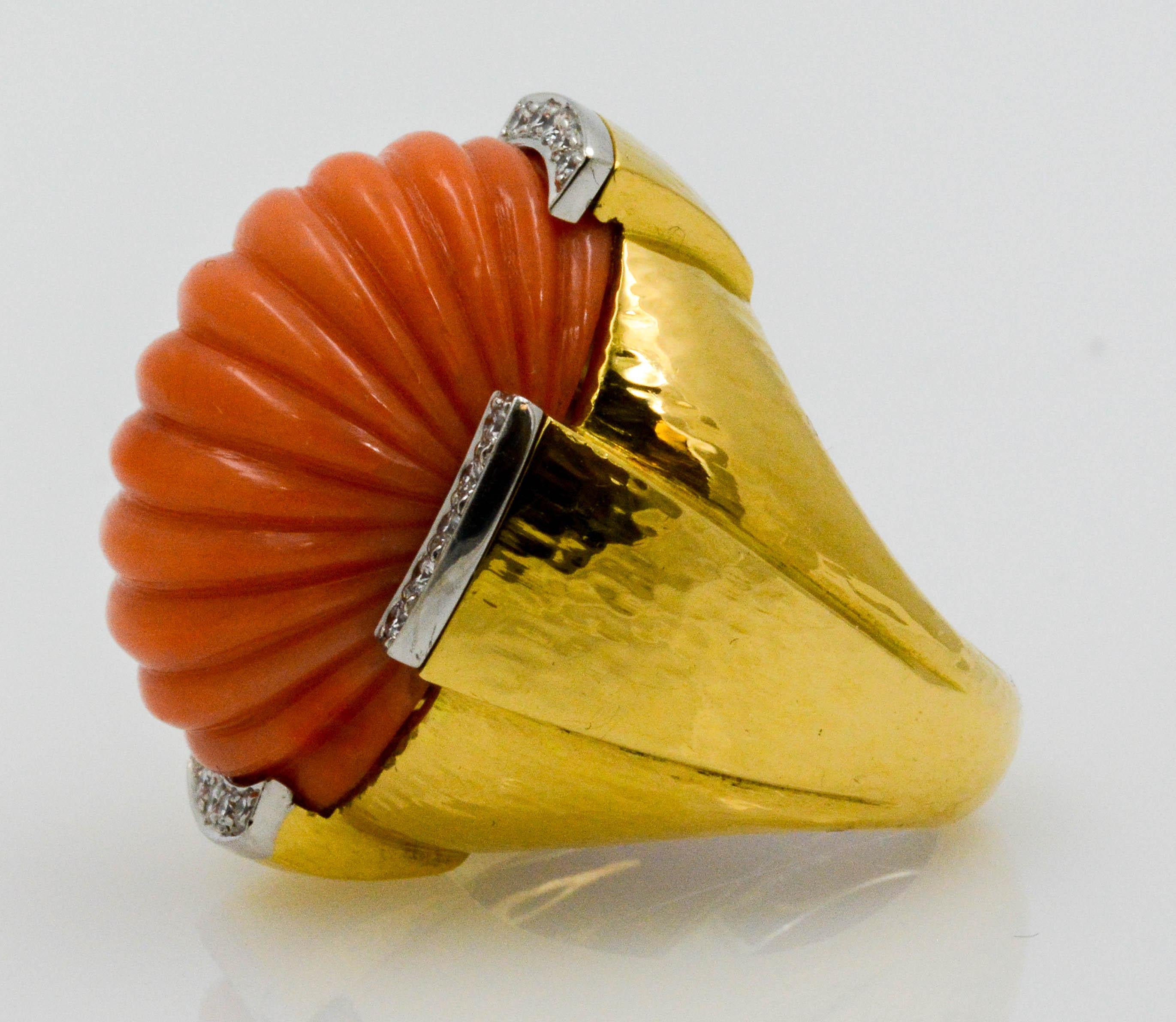 David Webb Carved Coral and Diamond Yellow Gold Ring 4