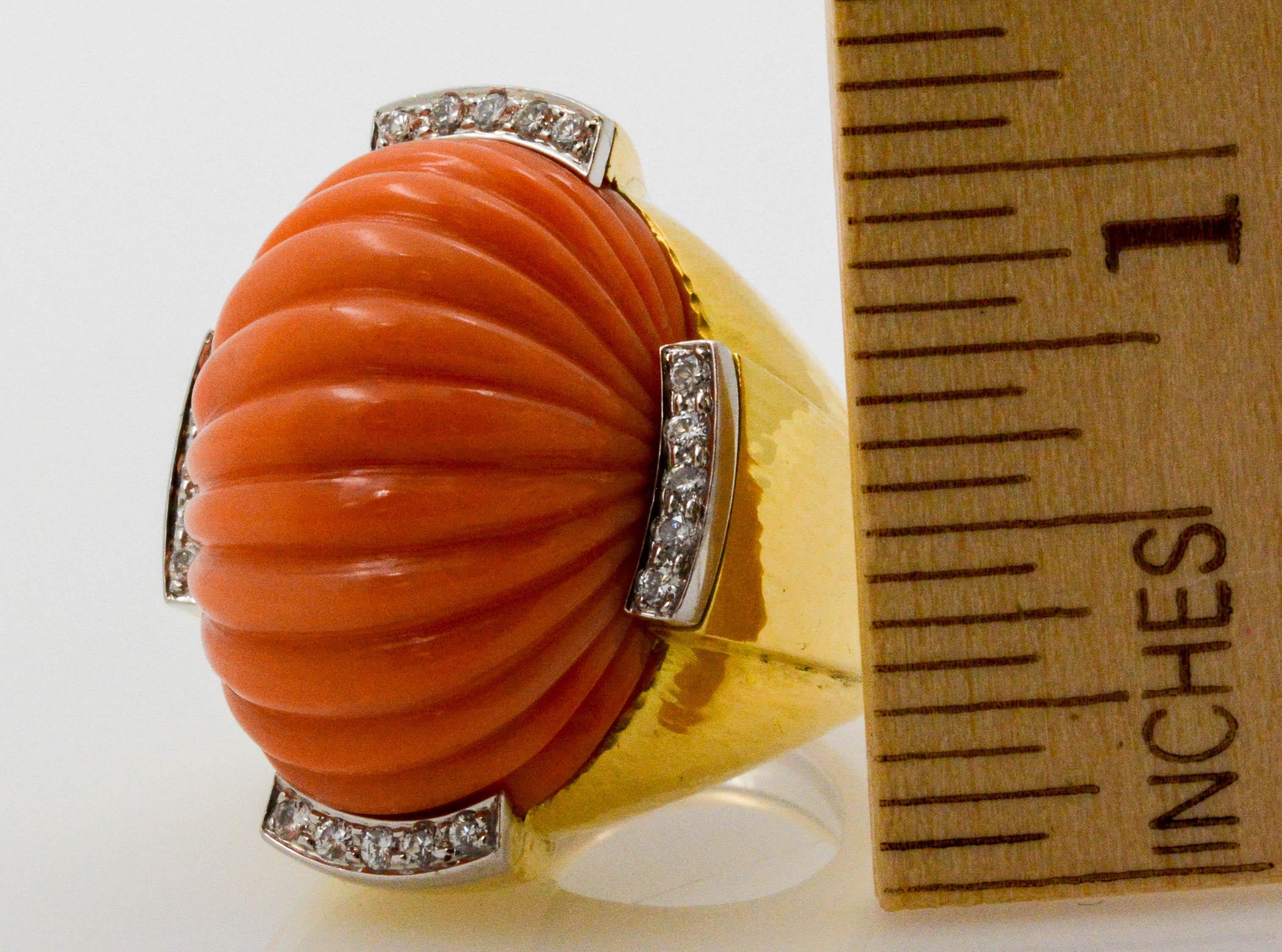 David Webb Carved Coral and Diamond Yellow Gold Ring 5