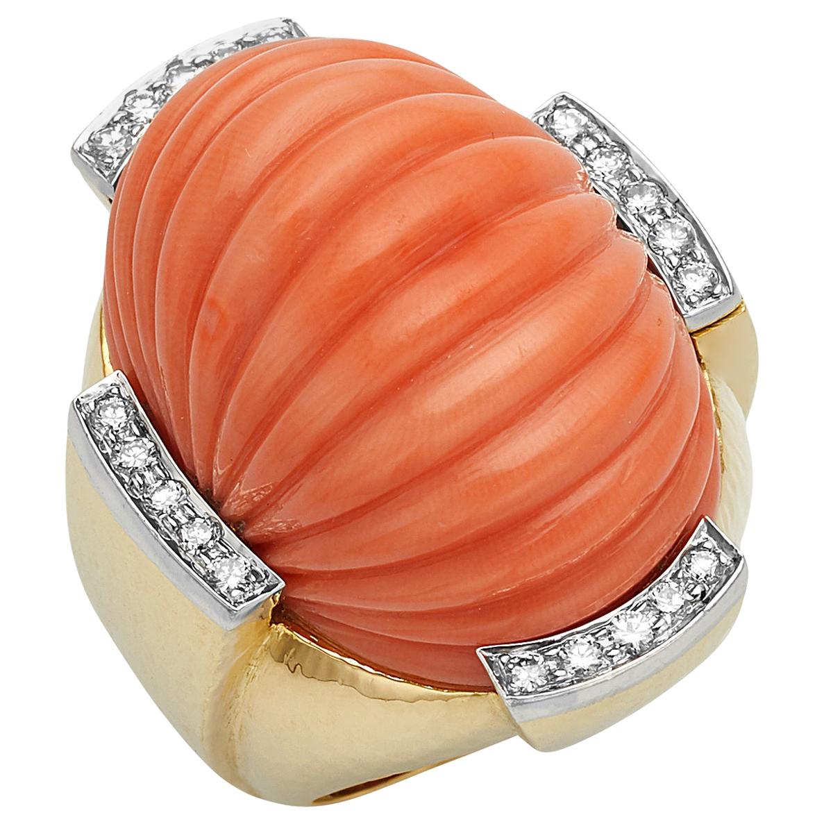 David Webb Carved Coral and Diamond Yellow Gold Ring