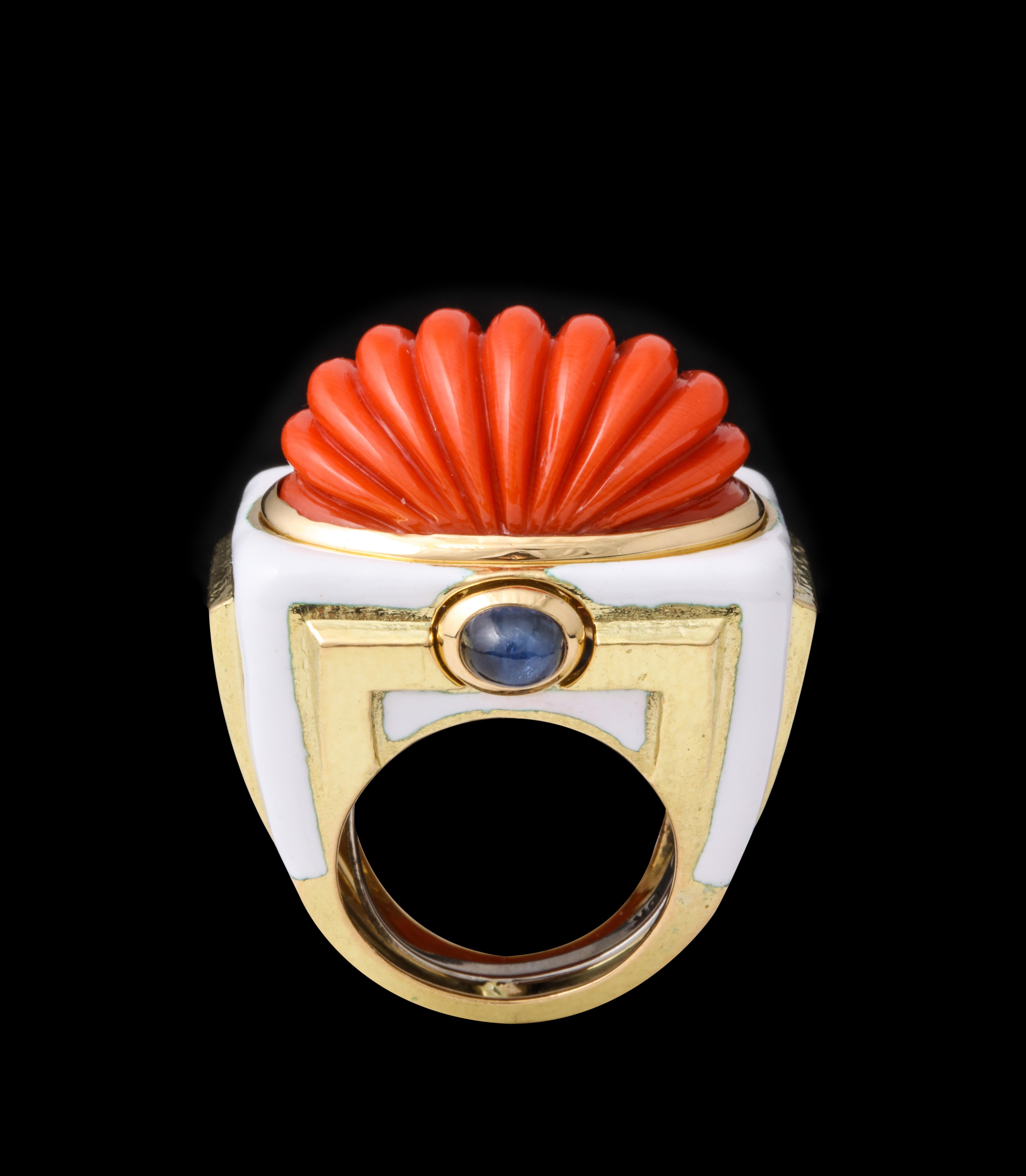David Webb Carved Coral Cocktail Ring In Excellent Condition In New York, NY