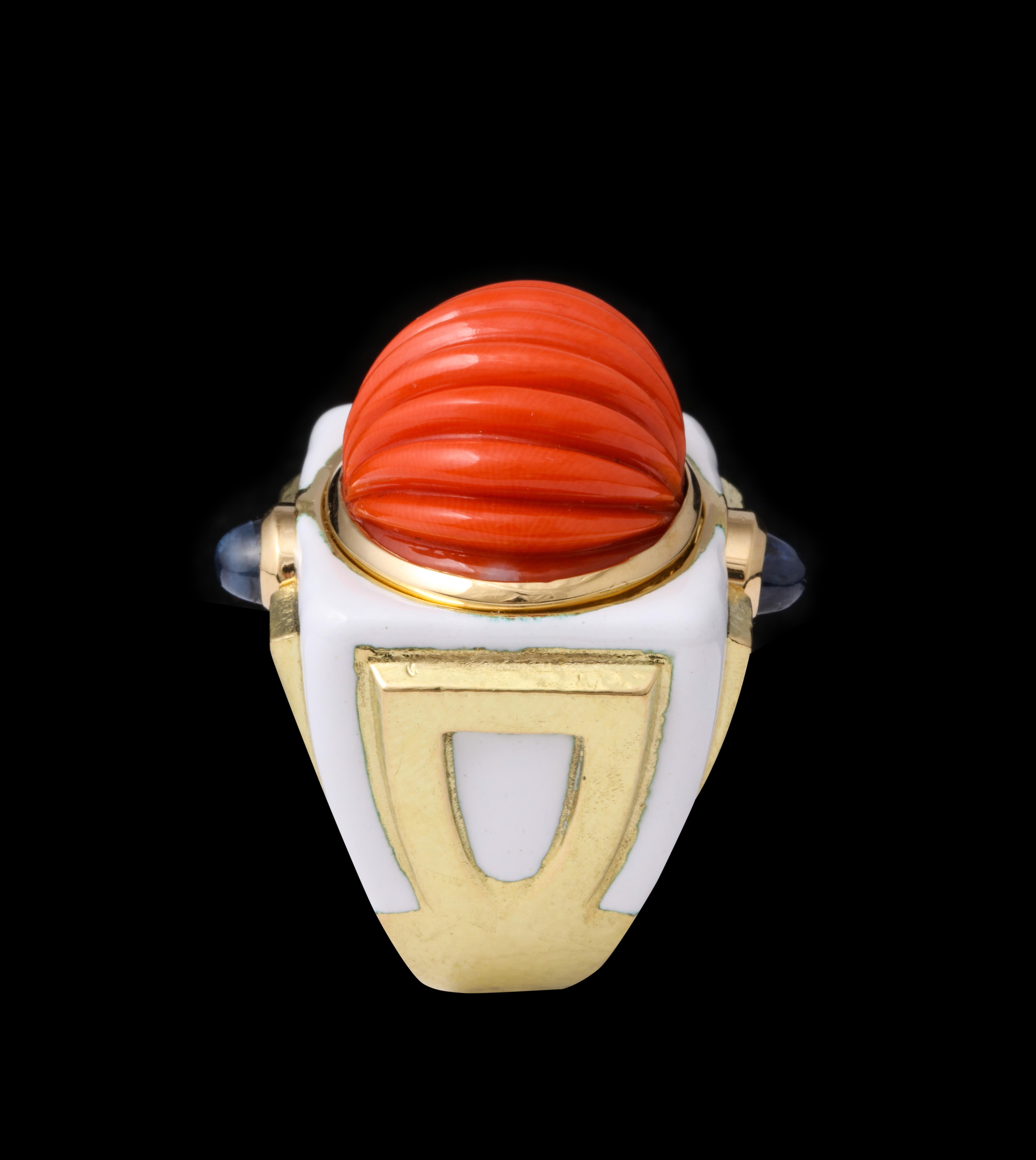 Women's or Men's David Webb Carved Coral Cocktail Ring