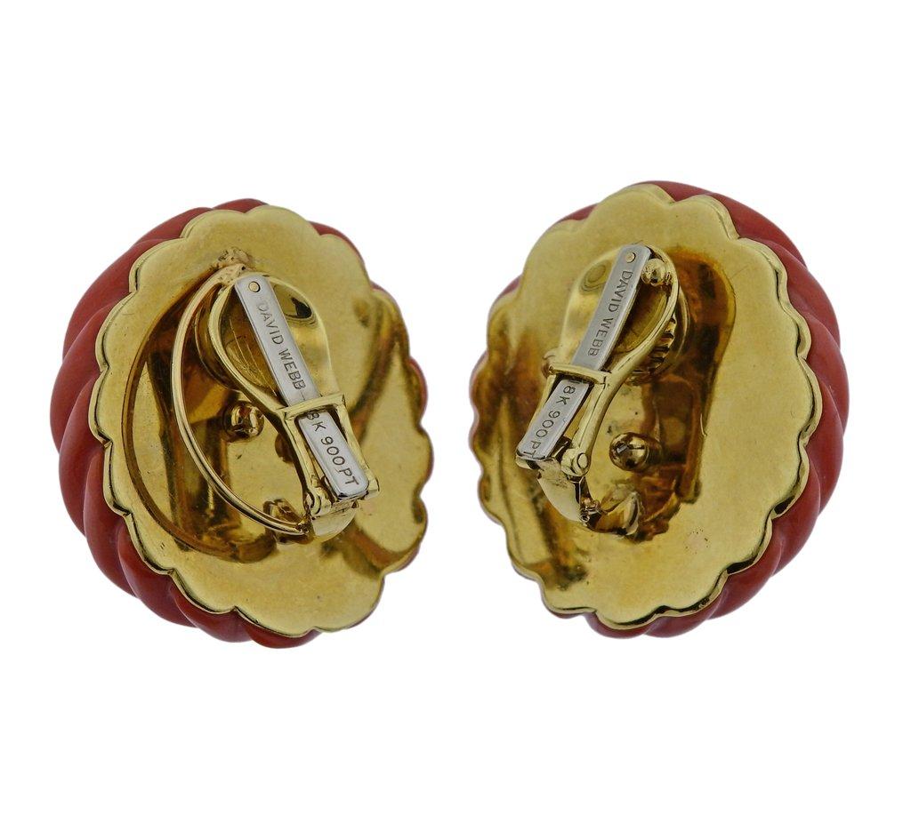 Round Cut David Webb Carved Coral Diamond Gold Platinum Earrings For Sale