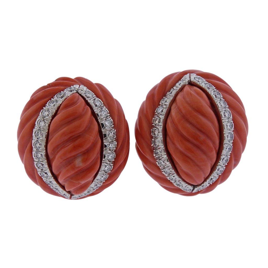 David Webb Carved Coral Diamond Gold Platinum Earrings For Sale