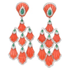 David Webb Carved Coral, Emerald & Diamond "Siren" Earrings