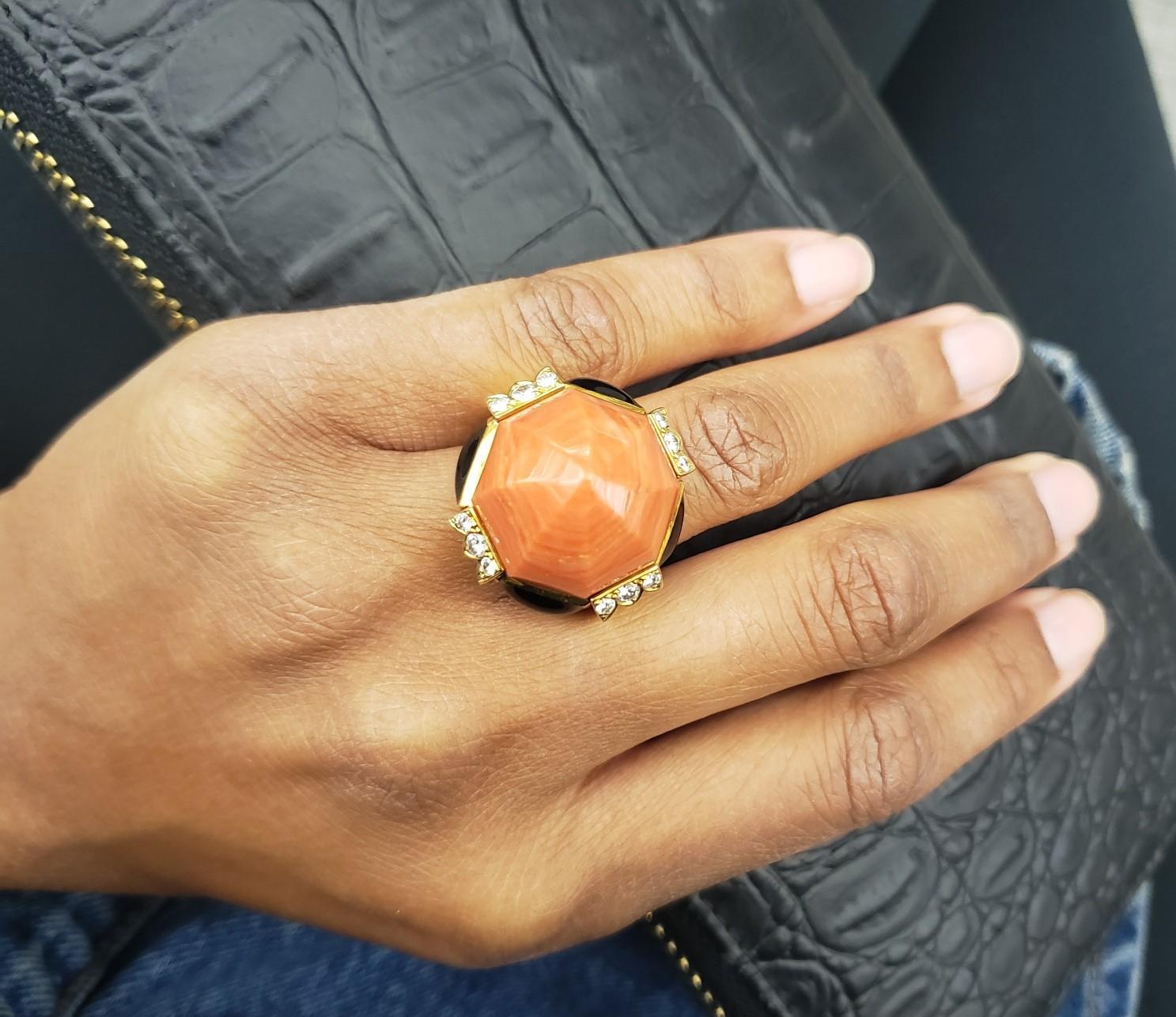 Women's David Webb Carved Coral Enamel and Diamond Cocktail Ring