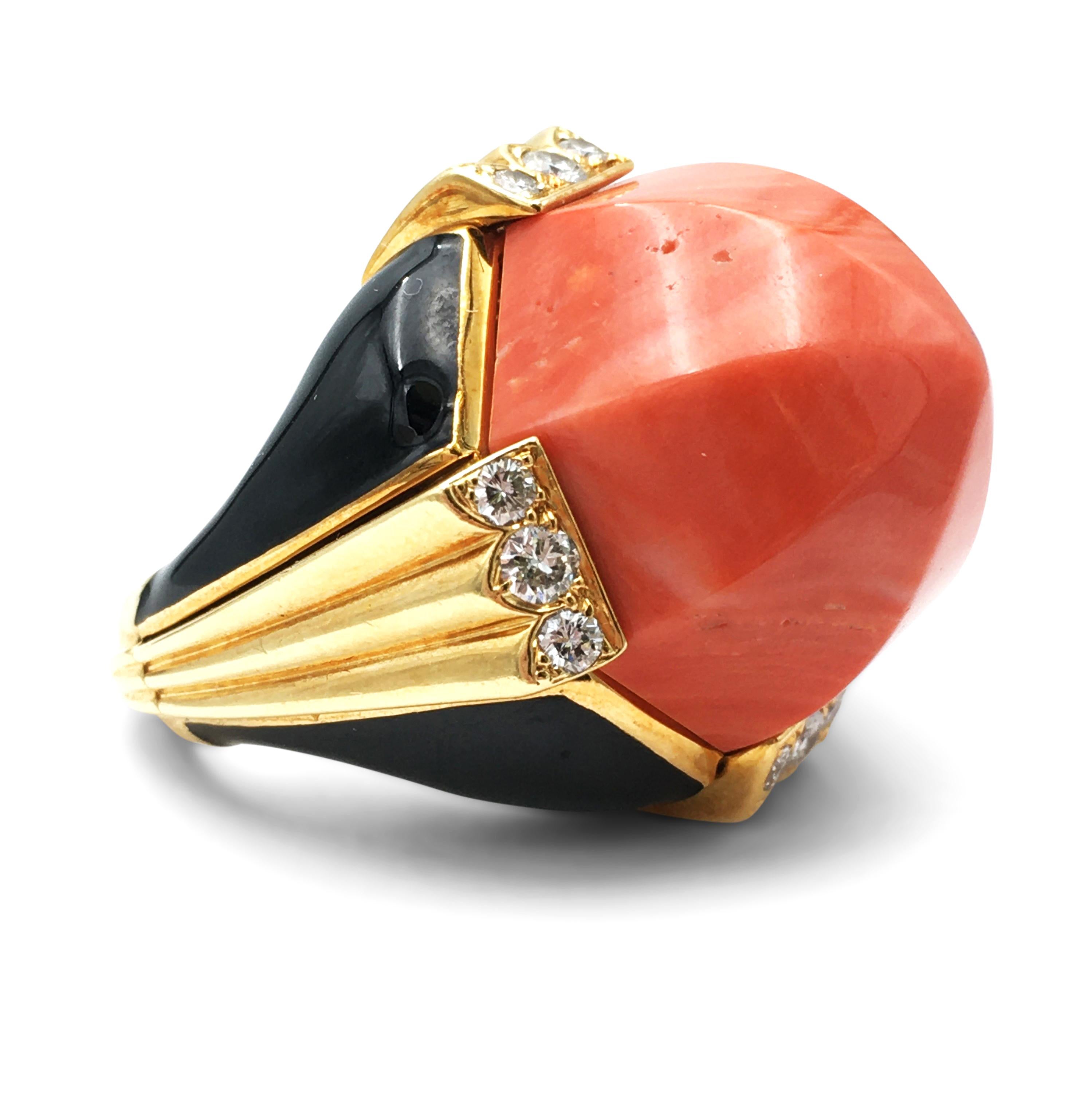 Round Cut David Webb Carved Coral Enamel and Diamond Cocktail Ring