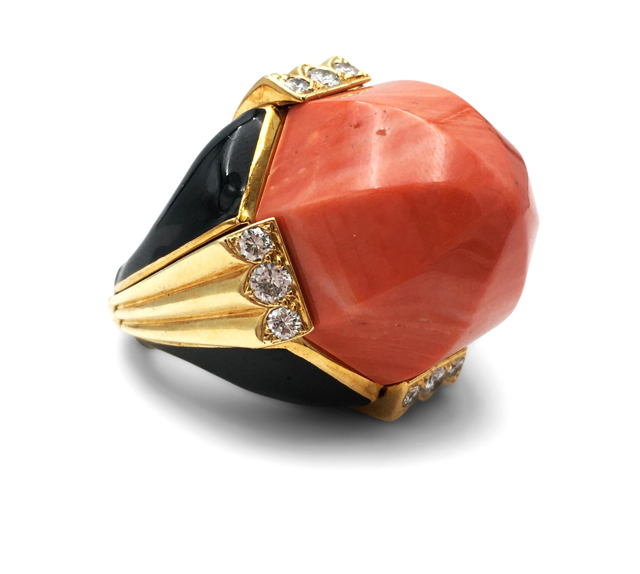 David Webb Carved Coral Enamel and Diamond Cocktail Ring In Excellent Condition In New York, NY