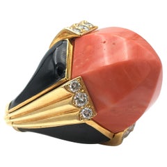 David Webb Carved Coral Enamel and Diamond Cocktail Ring