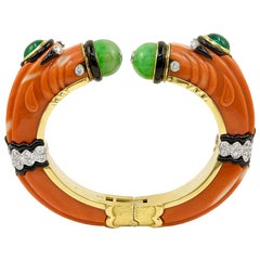 David Webb Carved Coral, Jade, Emerald, Diamond Chimera Bracelet