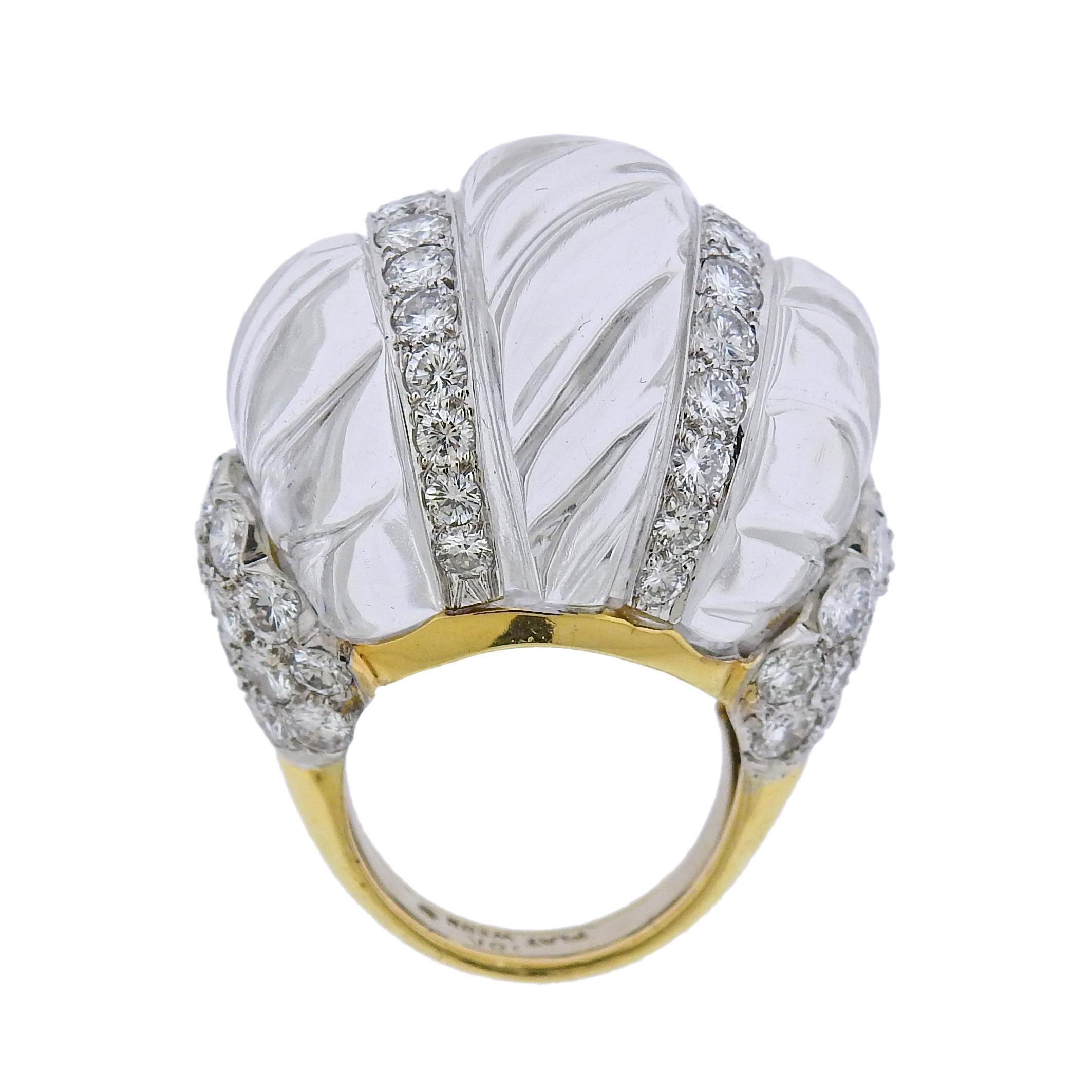 Impressive David Webb cocktail ring, set in platinum and 18k yellow gold, featuring carved rock crystal and approx. 4.00ctw in VS-SI/H diamonds.  Retail $36000. Ring size - 5.5, ring top is 23mm x 29mm, sits approx. 20mm from the top of the finger.