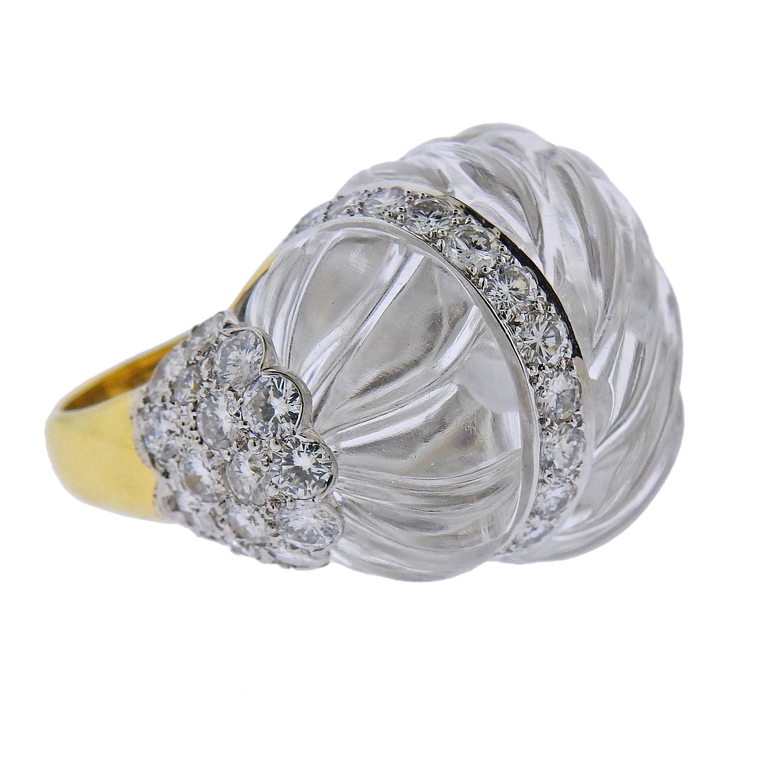 David Webb Carved Crystal Diamond Gold Platinum Cocktail Ring