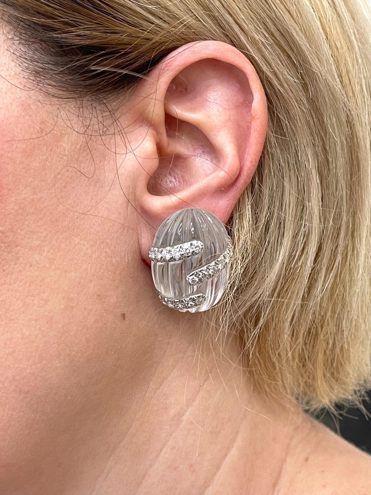 David Webb Carved Crystal Diamond Gold Platinum Earrings For Sale 2
