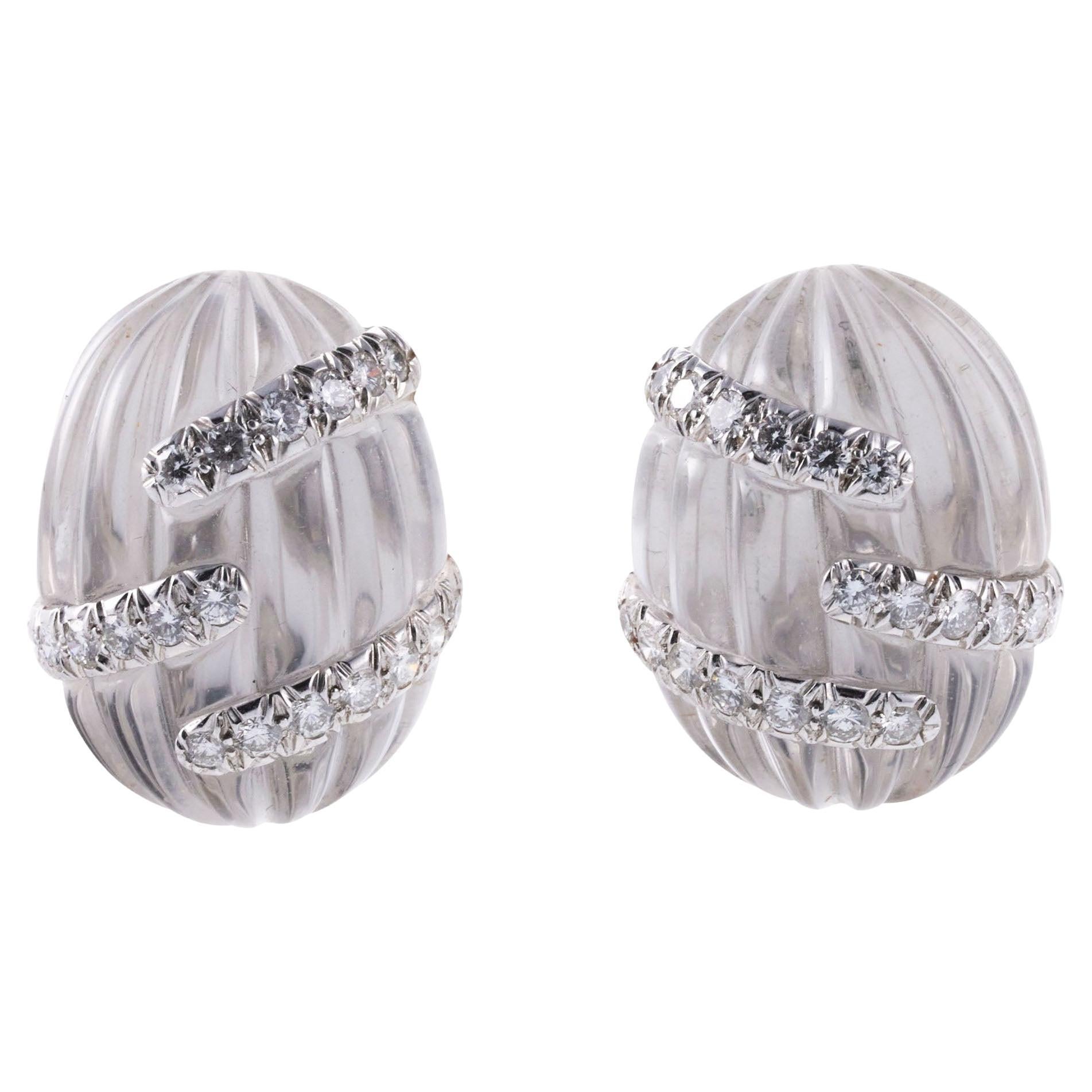 David Webb Carved Crystal Diamond Gold Platinum Earrings For Sale