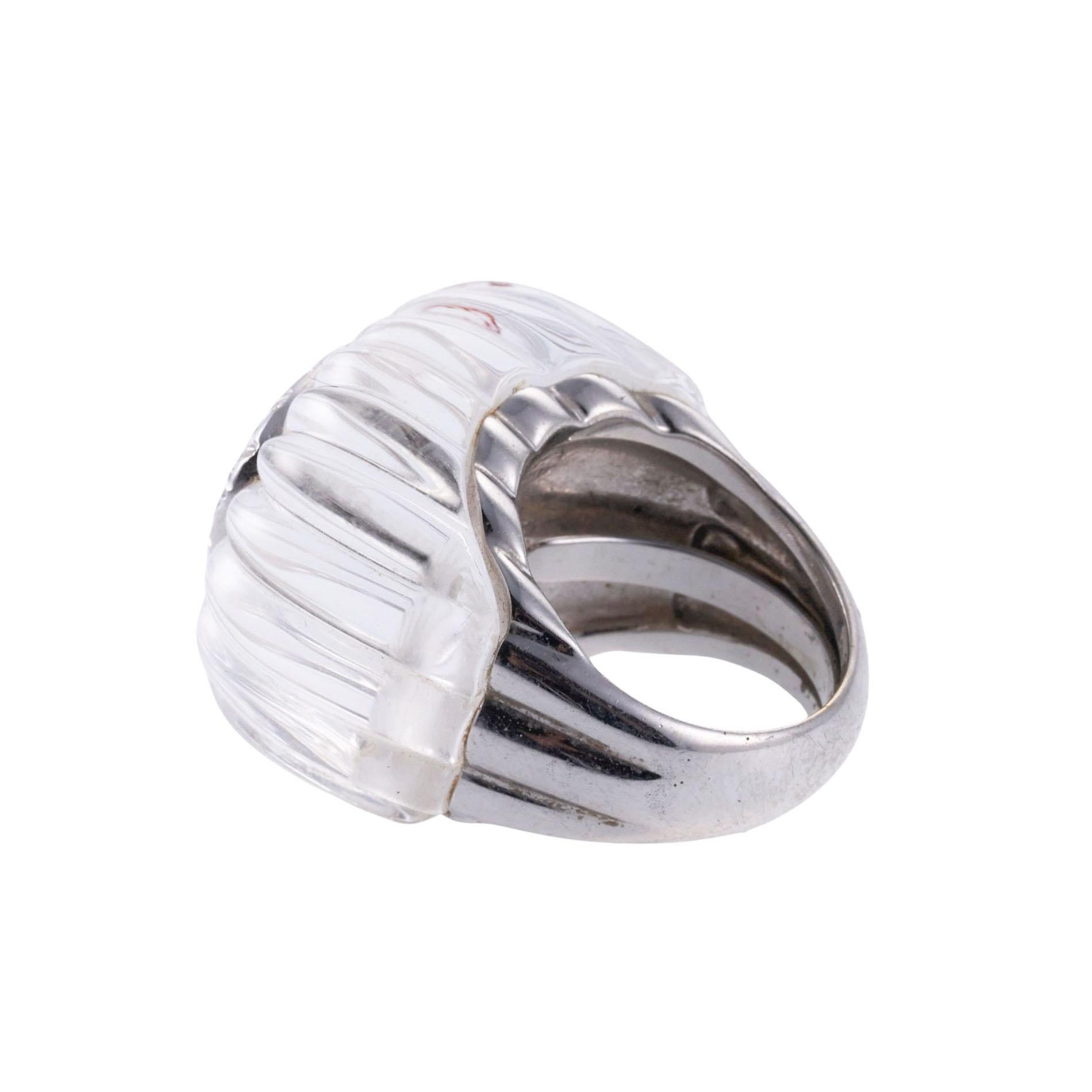 David Webb 18K white gold and platinum ring, set with carved crystal top and approx. 1.00ctw in H/VS-SI diamonds. Ring size 6.5, top measures 21mm x 25mm. Weight is 31.2 grams. Marked: Webb, 18k,900pt.