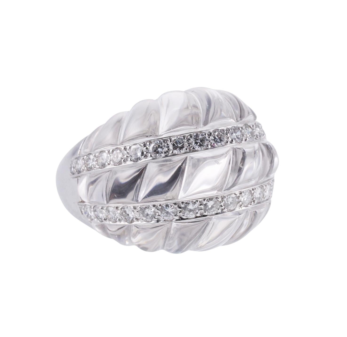 Iconic carved crystal cocktail ring by David Webb, set in platinum with 14k gold, featuring approx. 1.80ctw in H/VS-Si diamonds. Ring size 5.5, top is 23mm x 30mm. Comes with David Webb pouch. Marked Webb, Plat, 14k. Weight of the piece - 33.9