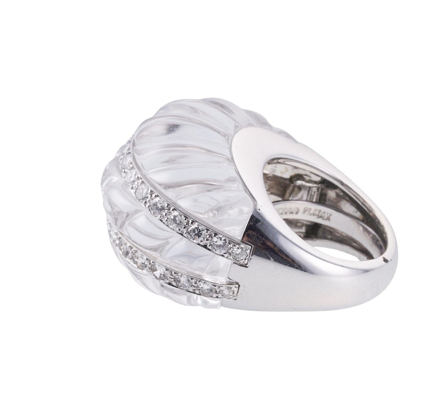 Round Cut David Webb Carved Crystal Diamond Platinum Gold Cocktail Ring For Sale