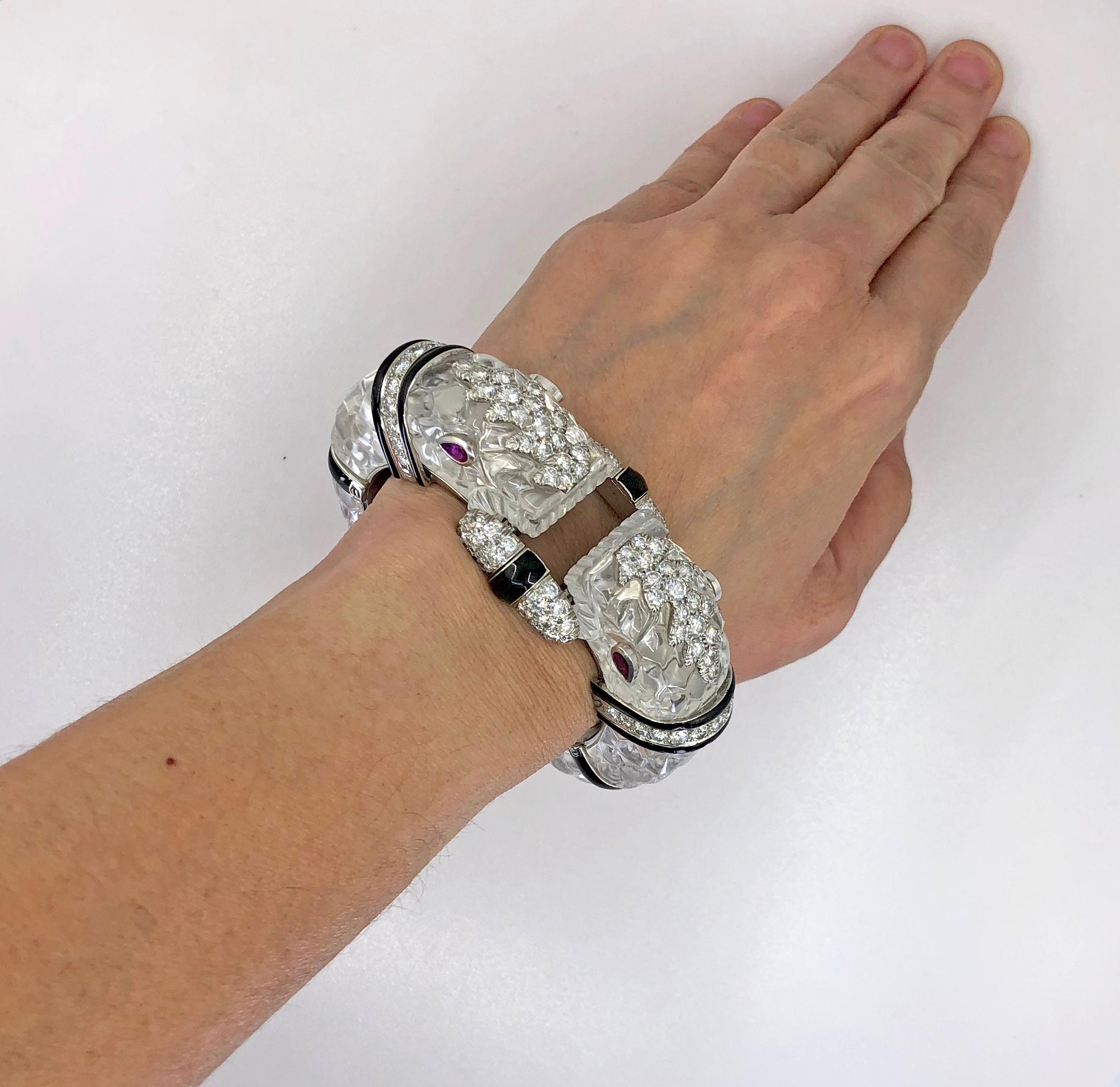 Round Cut David Webb Diamond Carved Crystal Enamel Platinum White Gold Chimera Bracelet