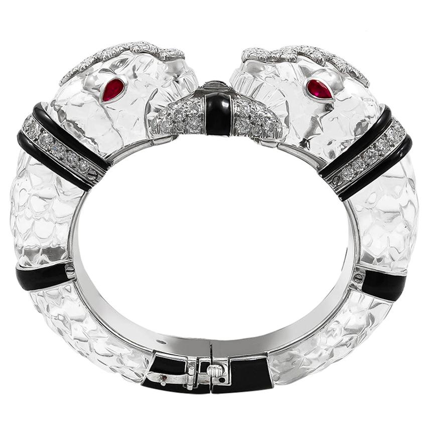 David Webb Diamond Carved Crystal Enamel Platinum White Gold Chimera Bracelet