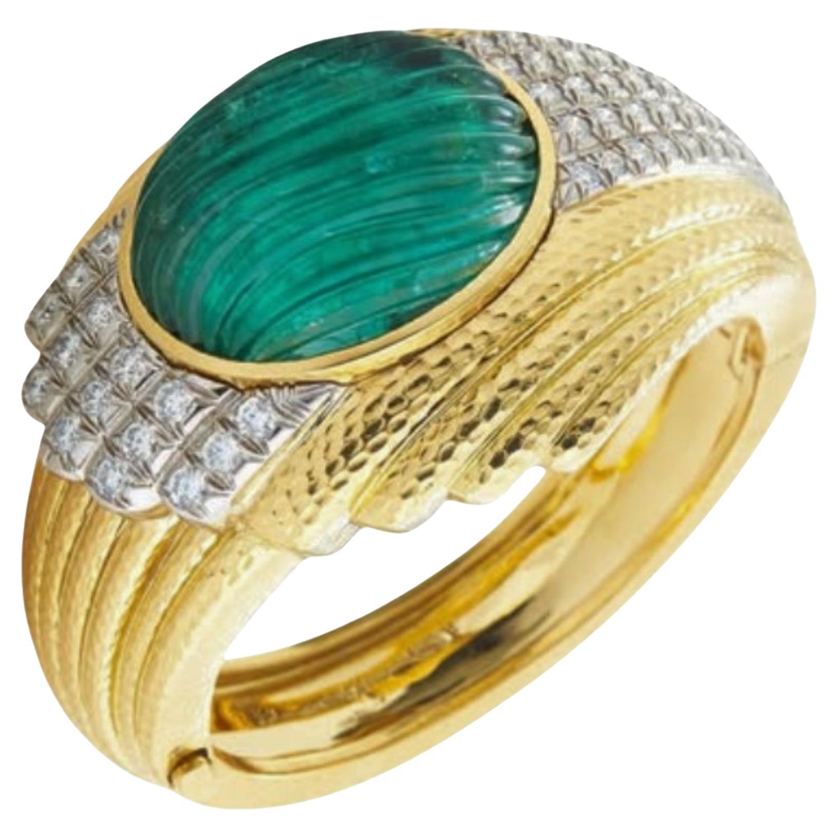 Pre-owned David Webb Carved Emerald And Diamond Bangle In Green