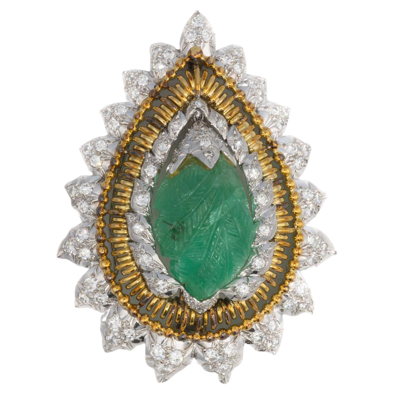 David Webb Carved Emerald and Diamond Brooch