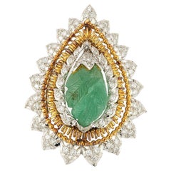 David Webb Carved Emerald and Diamond Brooch