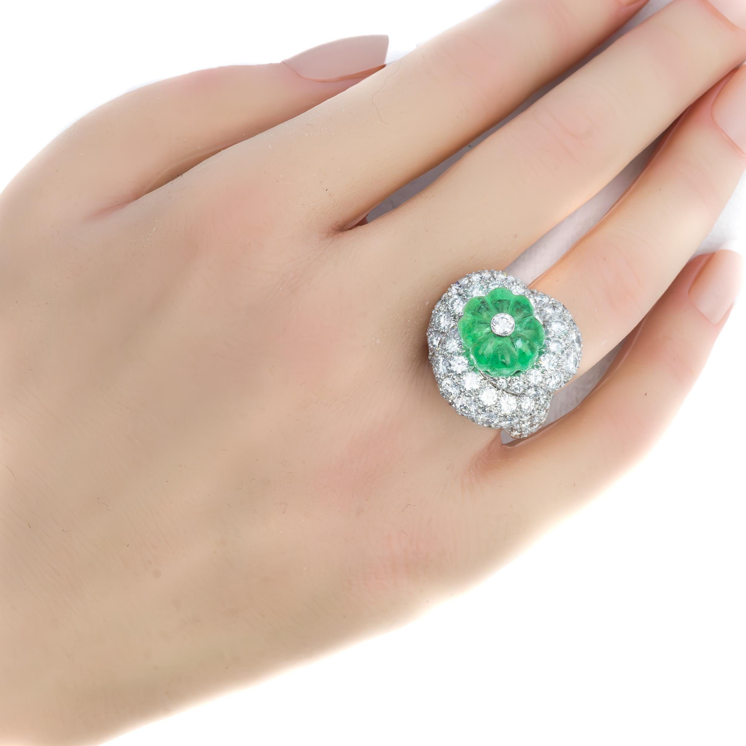 Emerald Cut David Webb Carved Emerald and Diamond Platinum Ring For Sale