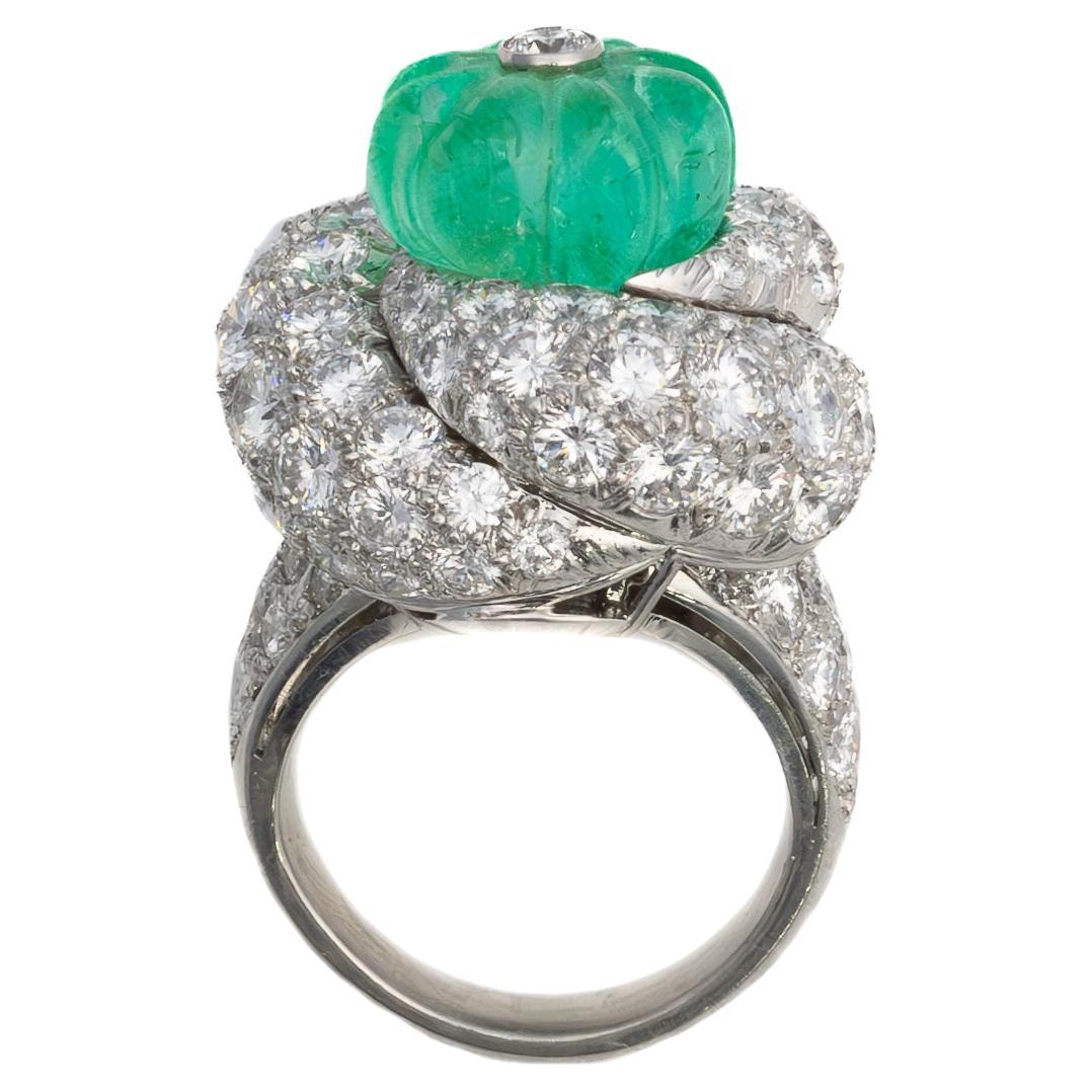 David Webb Carved Emerald and Diamond Platinum Ring